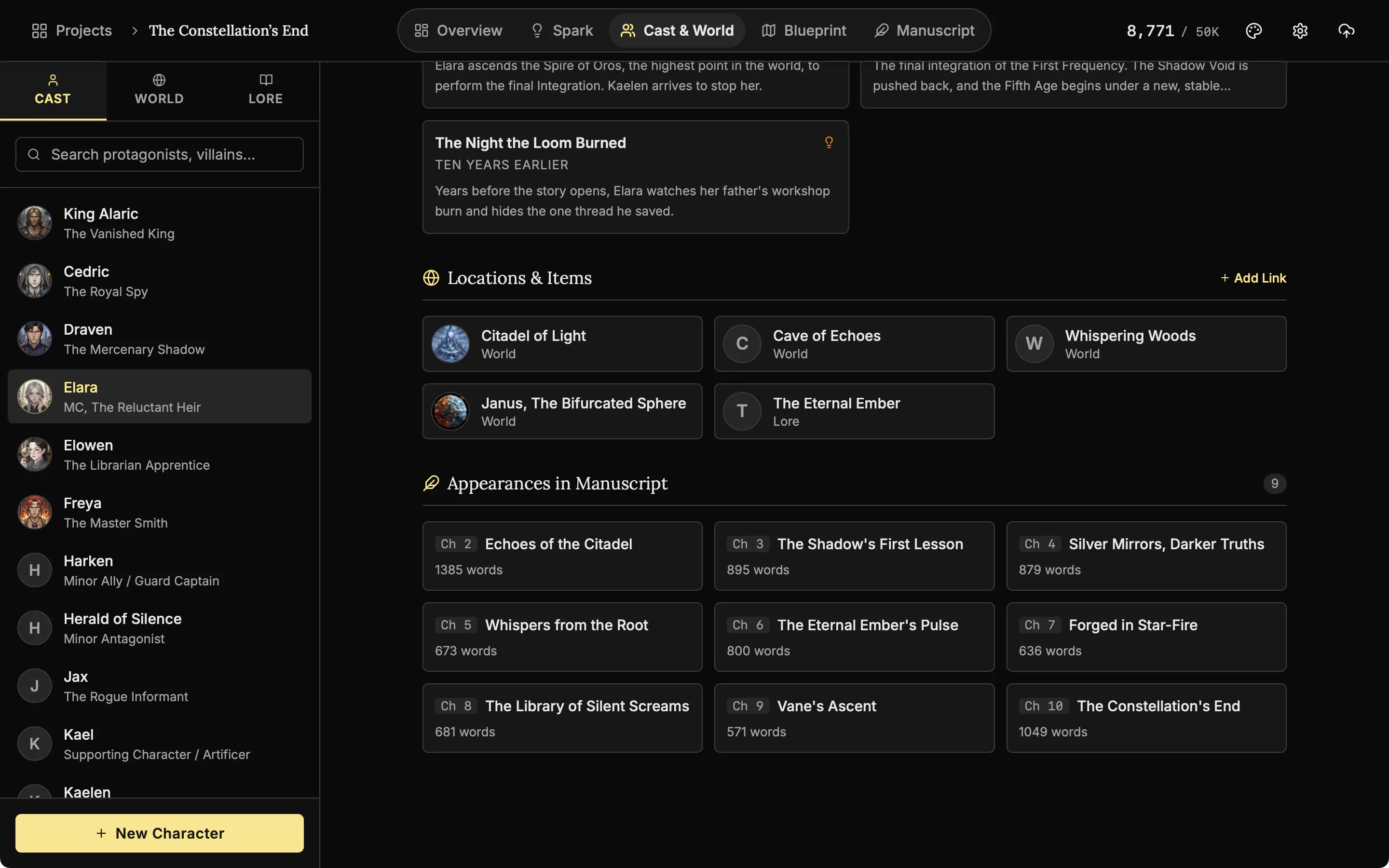 The Web tab of a character listing linked places and lore as cards and the chapters the character appears in.