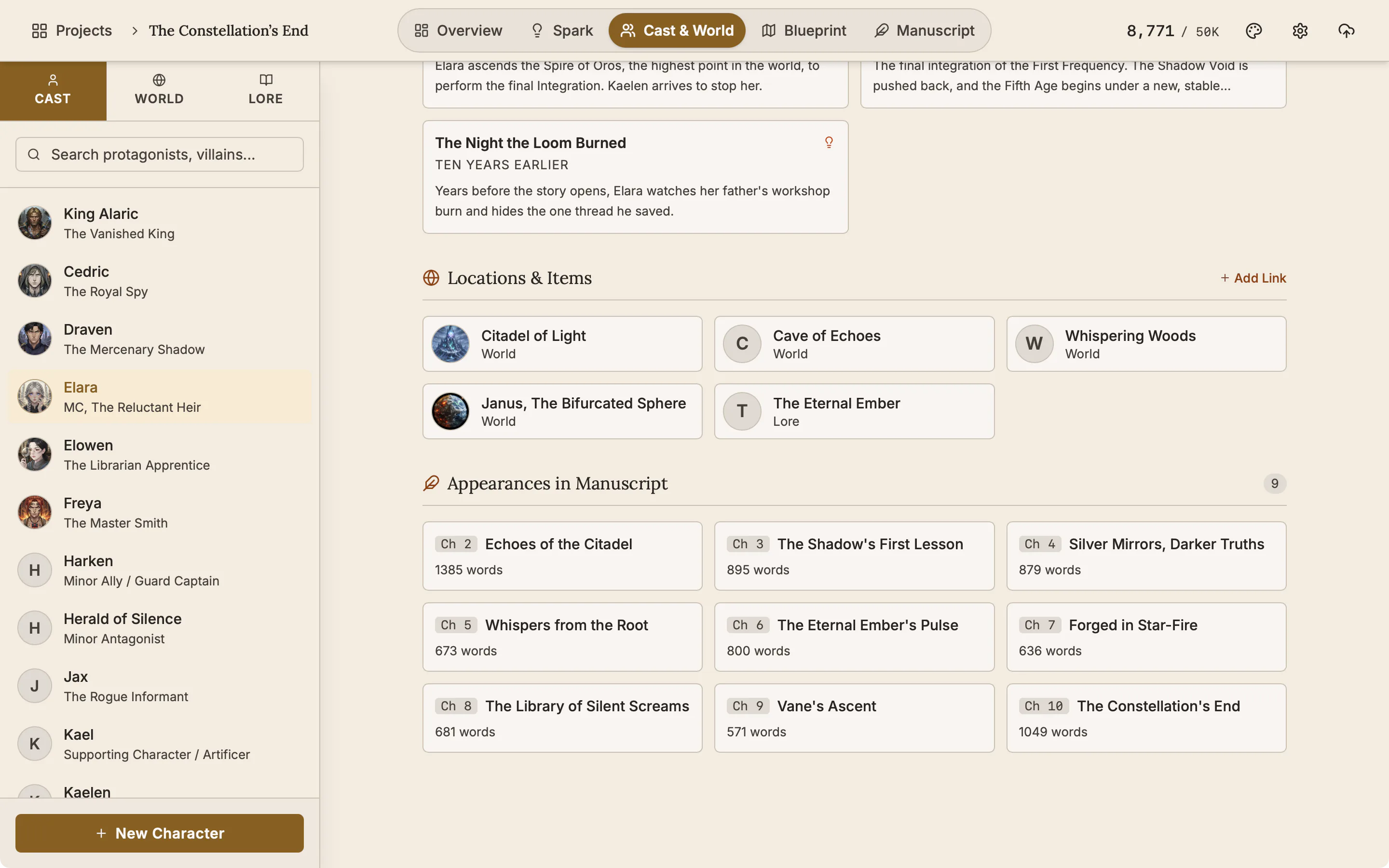 The Web tab of a character listing linked places and lore as cards and the chapters the character appears in.