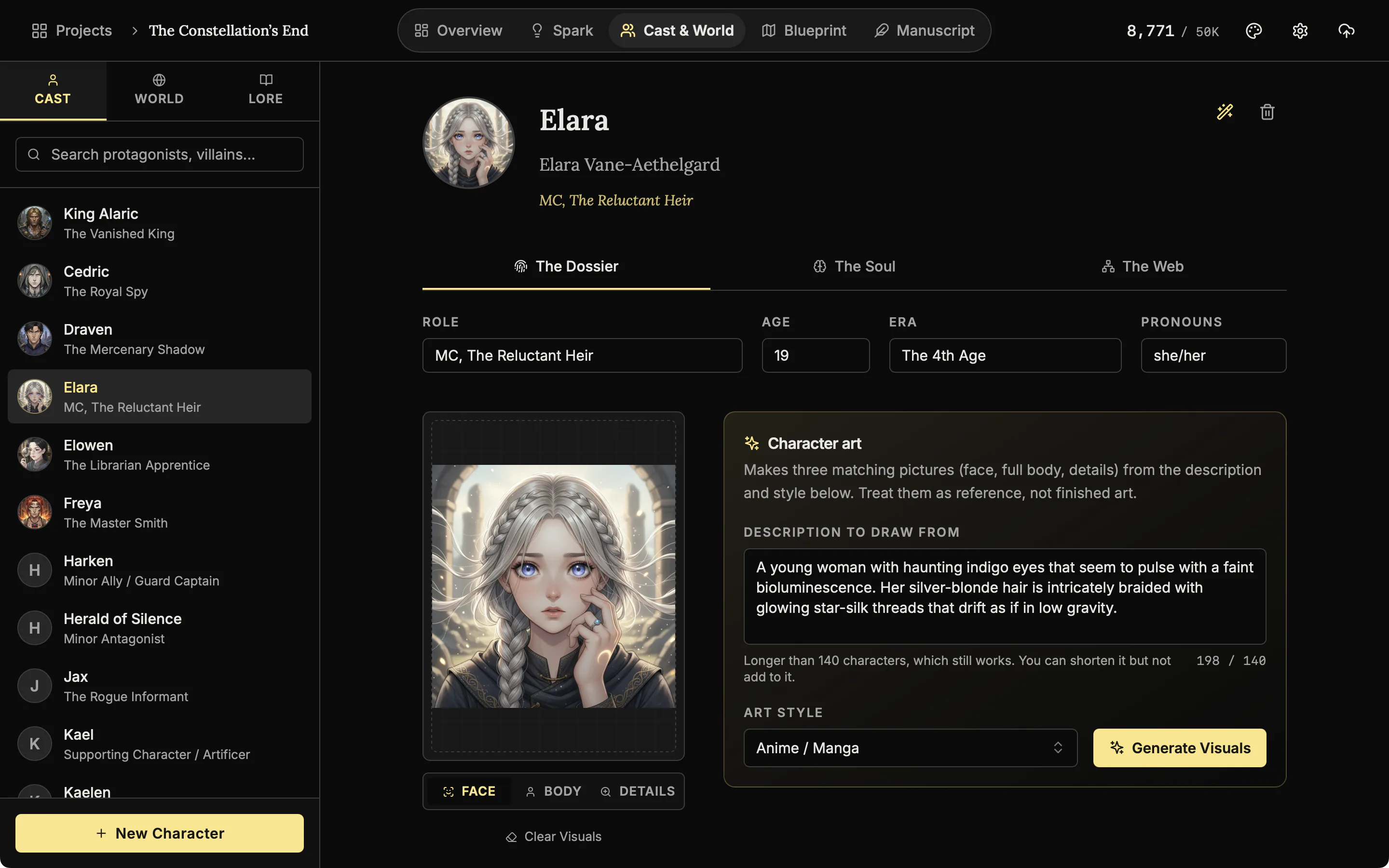 A character dossier with the Character art panel showing a face portrait and the Face, Body and Details buttons.