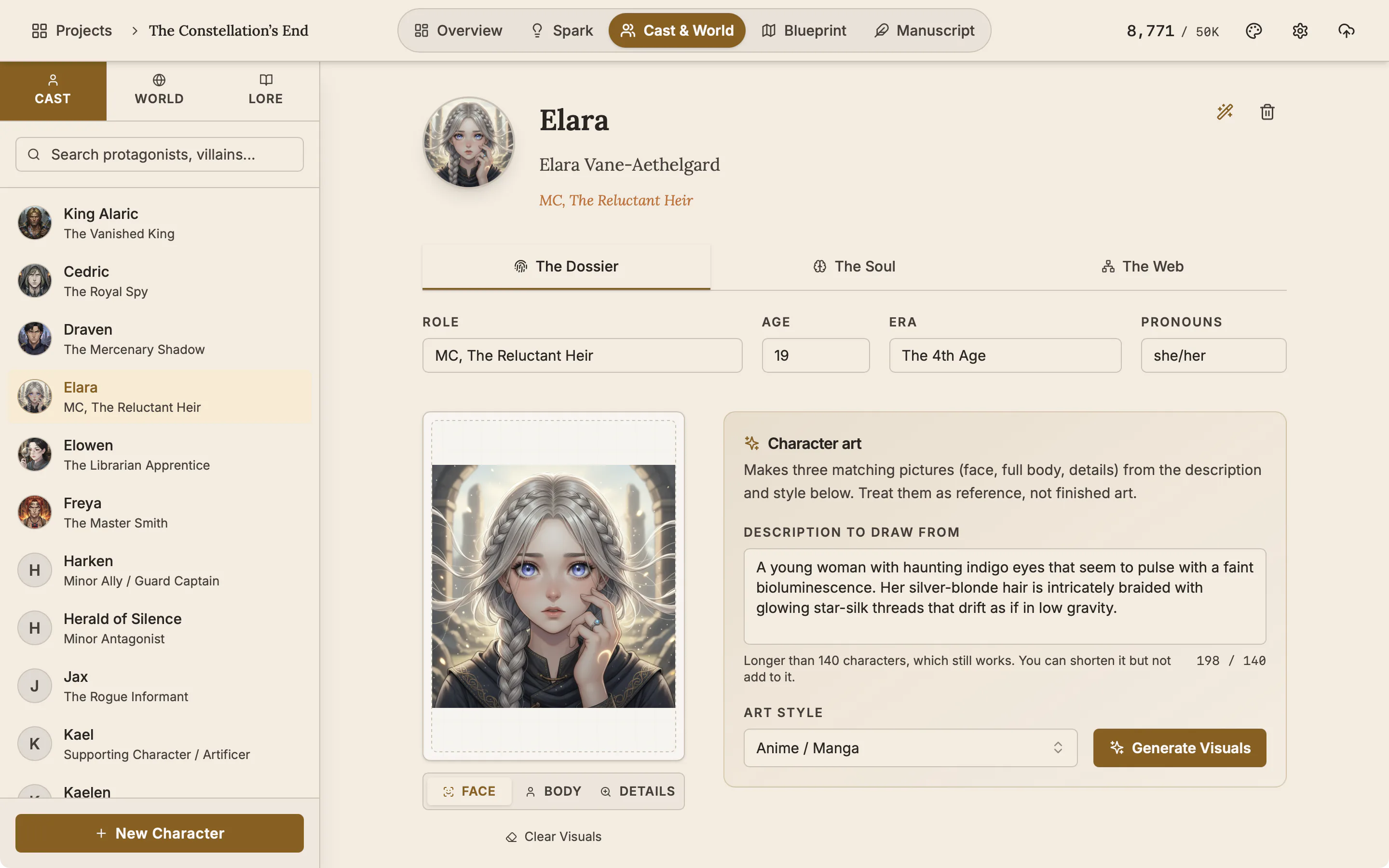 A character dossier with the Character art panel showing a face portrait and the Face, Body and Details buttons.