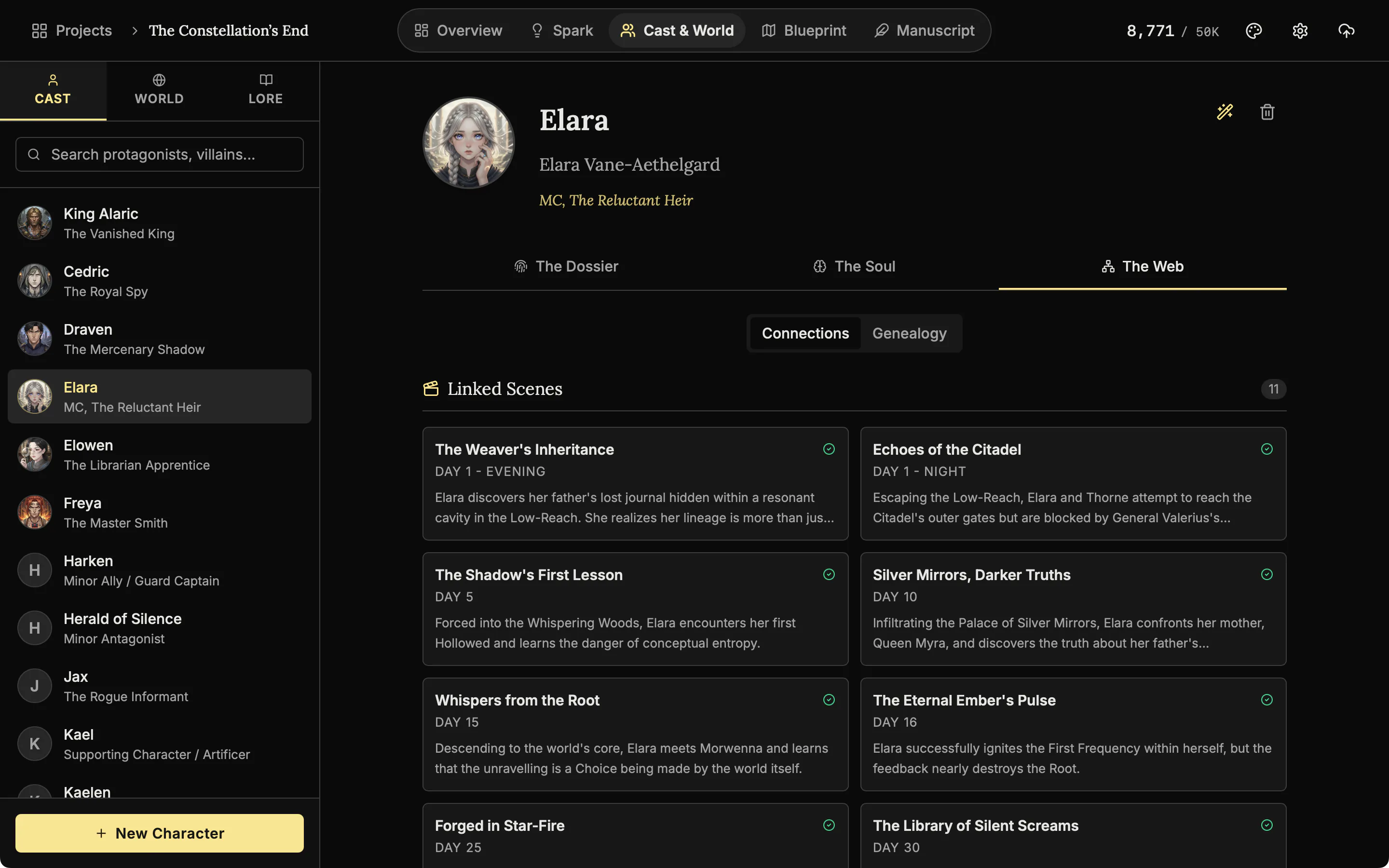 The Web tab of the character Elara with a grid of the scenes she is in.