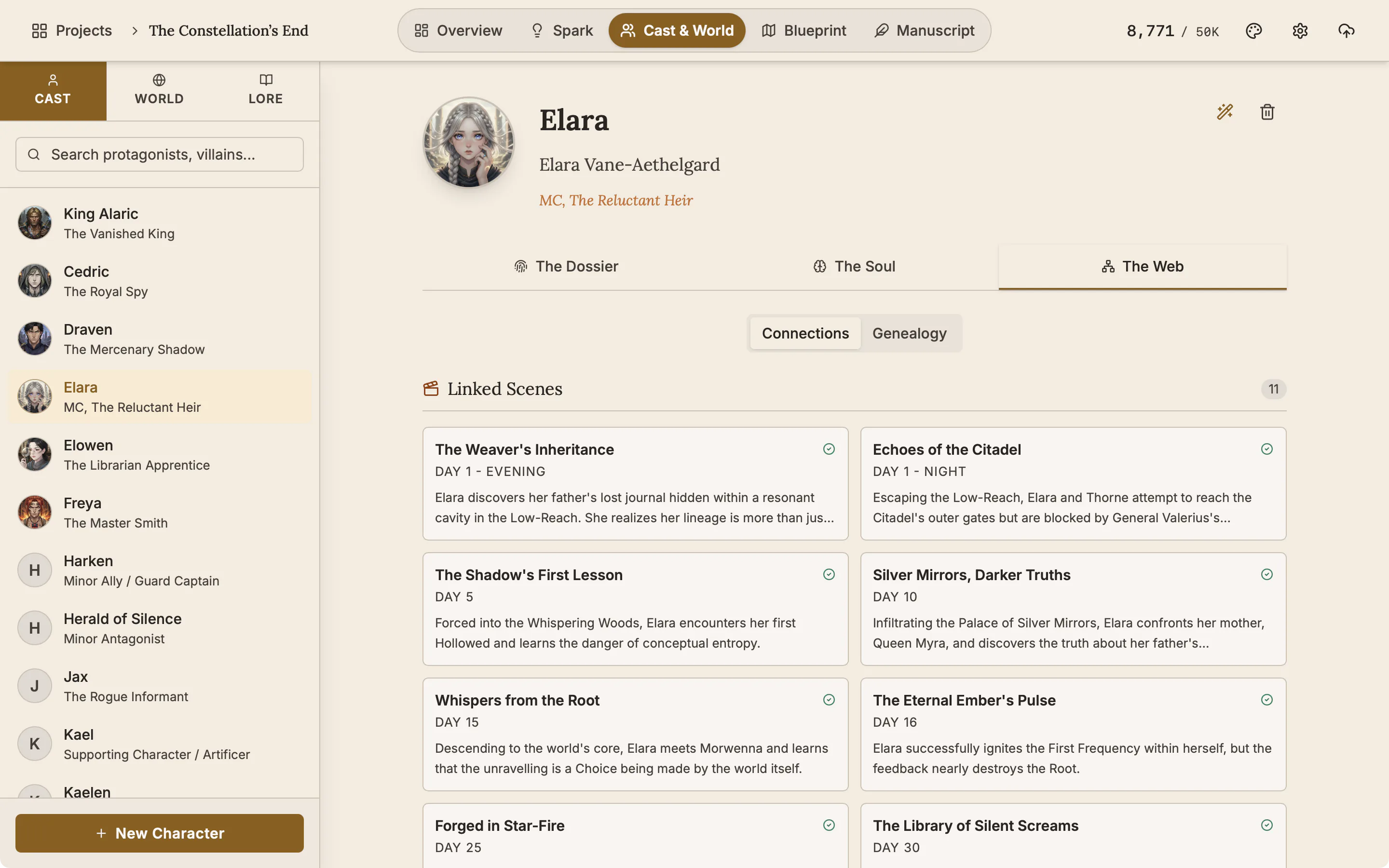 The Web tab of the character Elara with a grid of the scenes she is in.