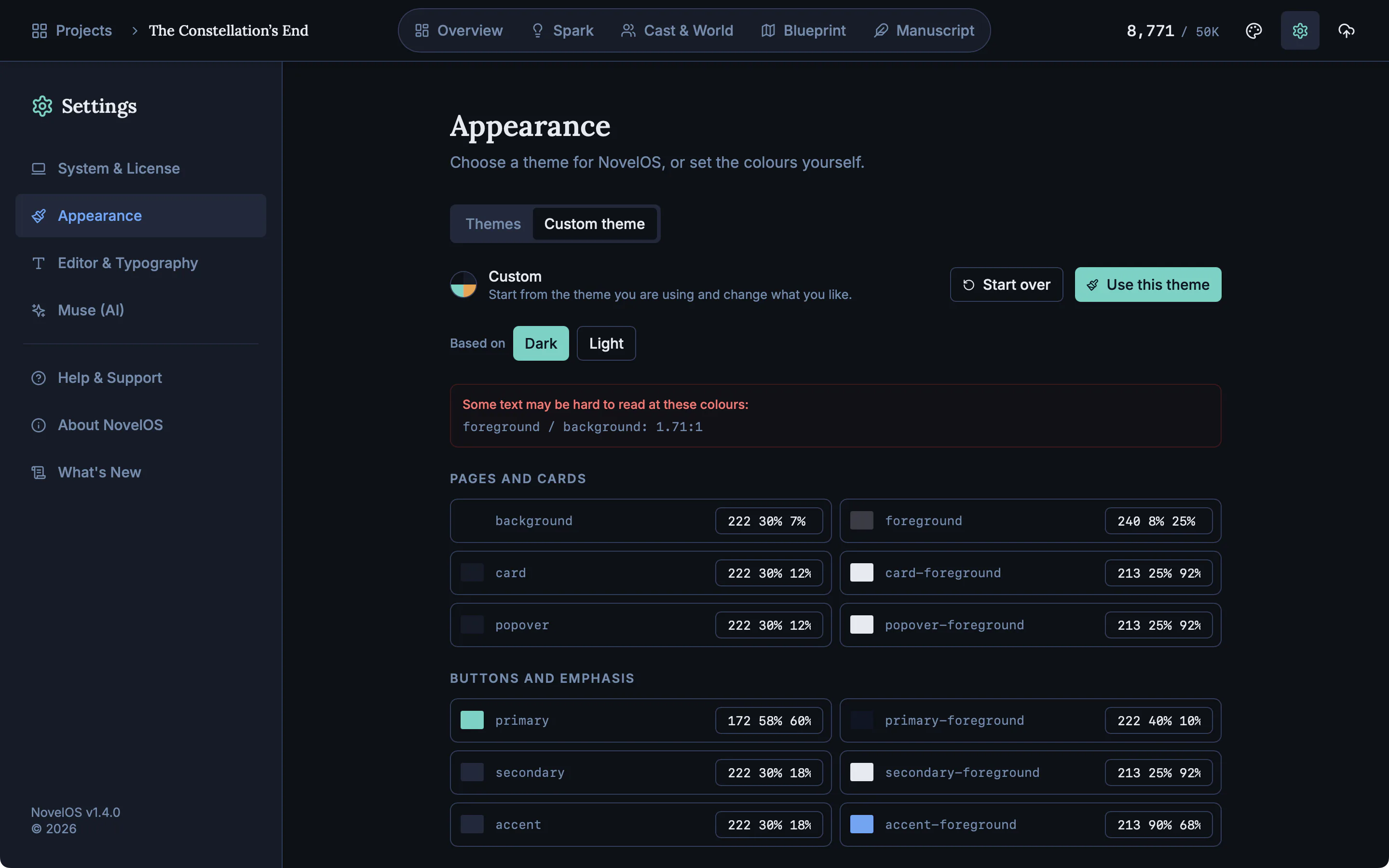 The custom theme editor with a red notice that the text colour is hard to read against the background colour.