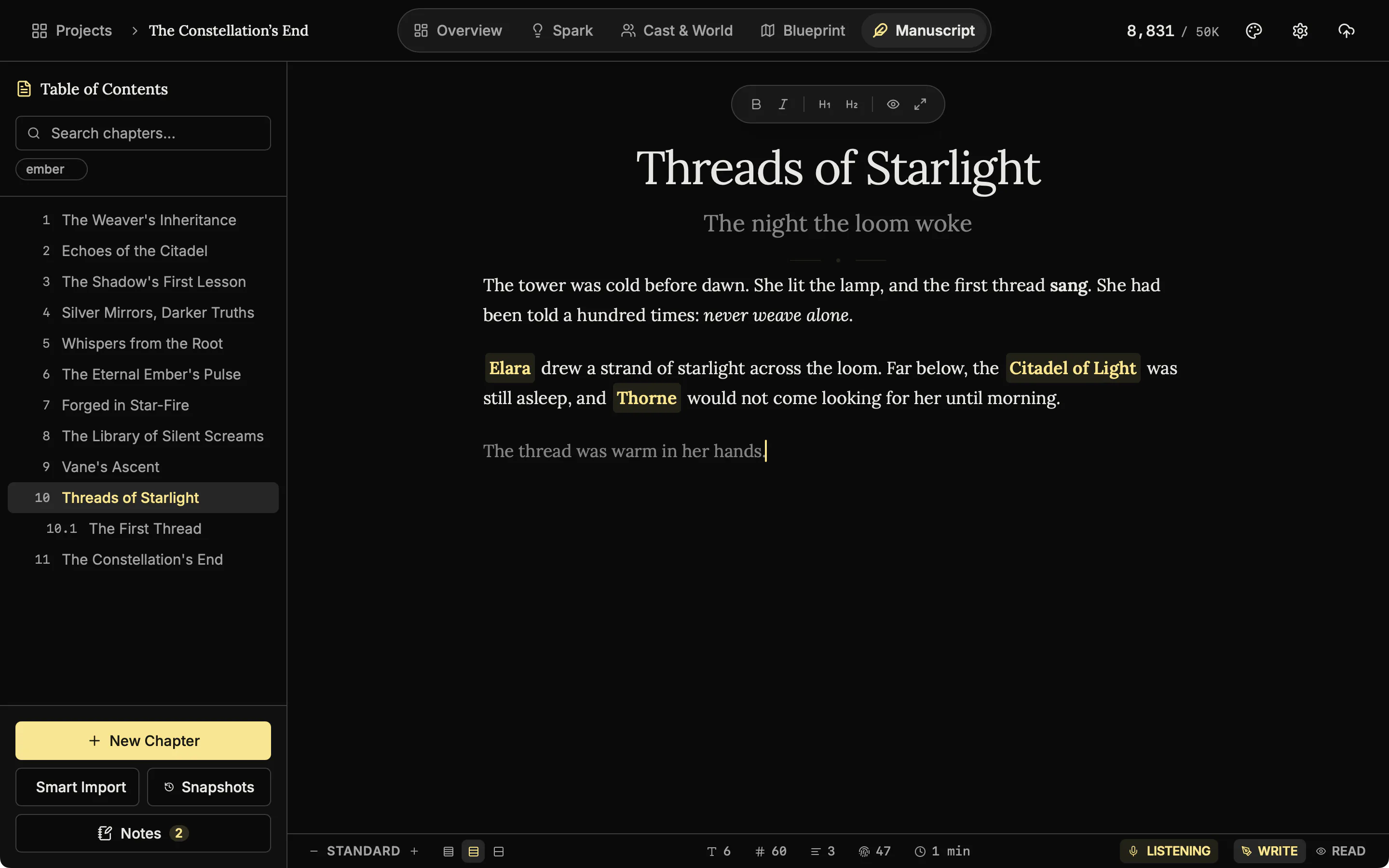 The editor with dictation on: the status bar reads Listening and the newest words are dimmed while they are still being worked out.