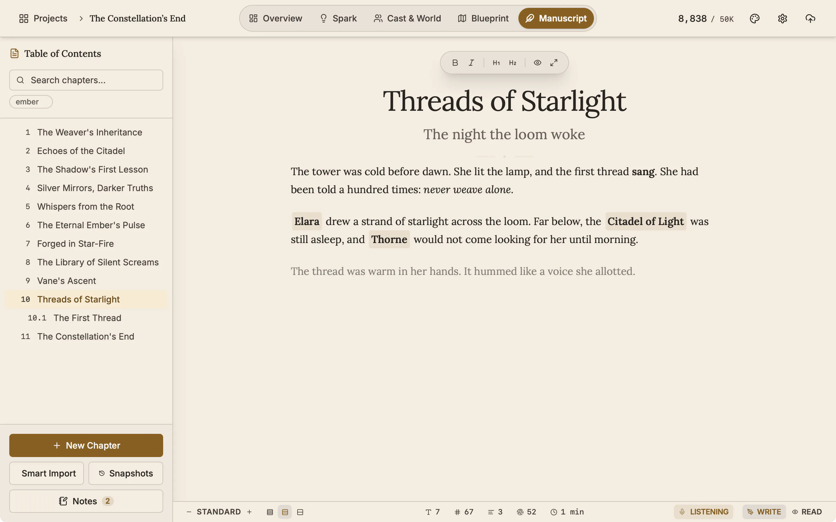 The editor with dictation on: the status bar reads Listening and the newest words are dimmed while they are still being worked out.