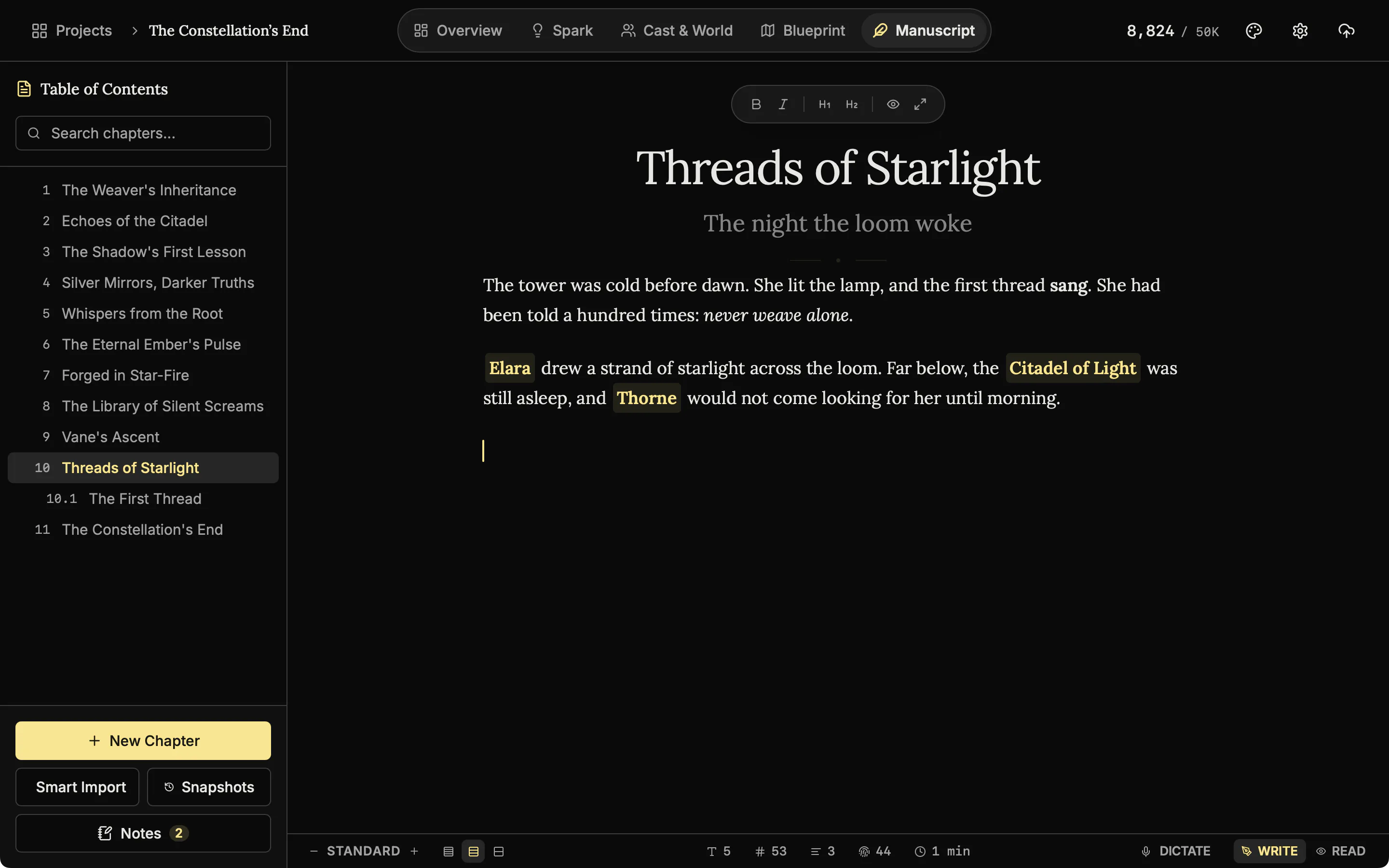 A chapter in the editor with the cursor on a new empty line and the Dictate button in the status bar, not yet pressed.
