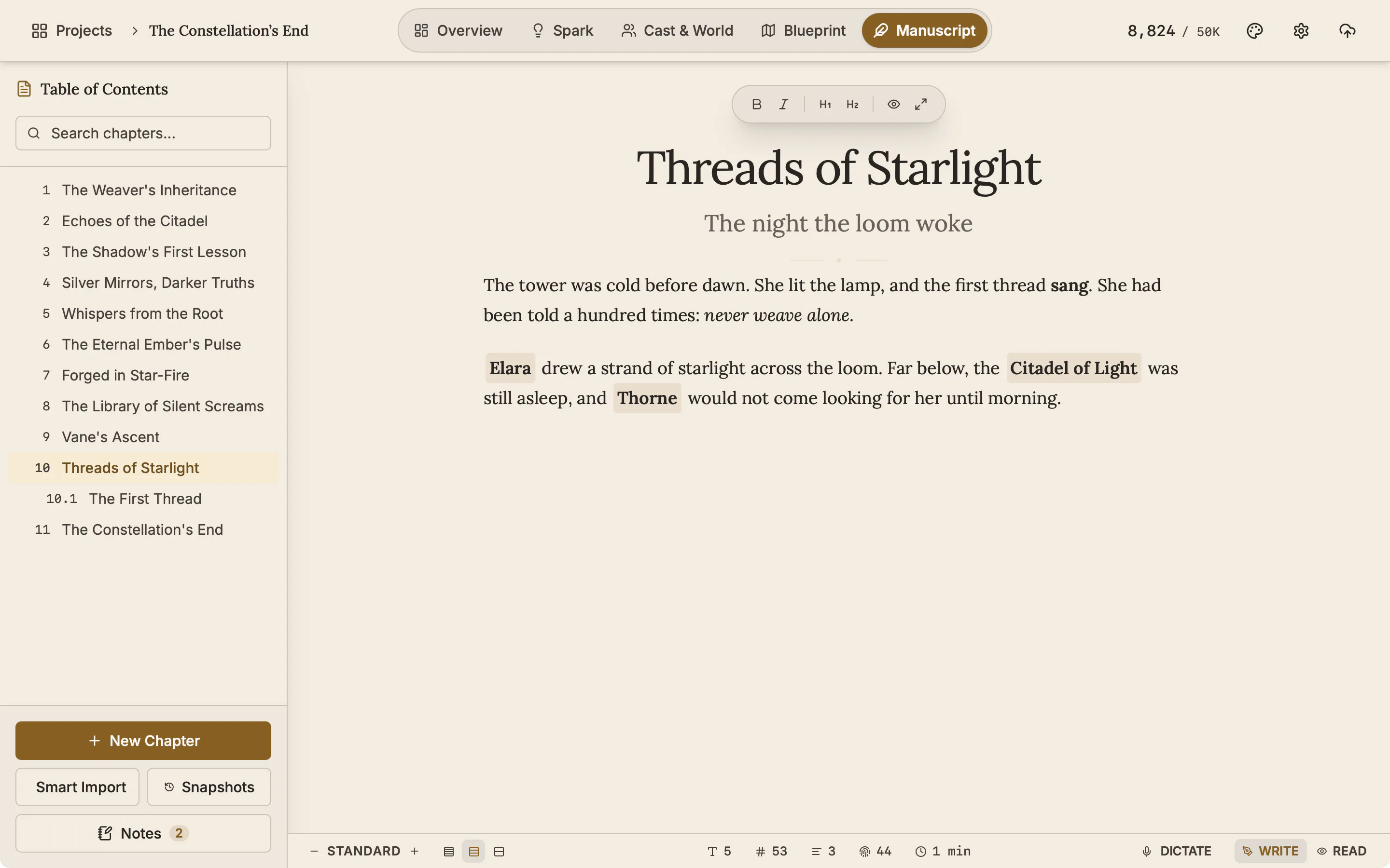 A chapter in the editor with the cursor on a new empty line and the Dictate button in the status bar, not yet pressed.