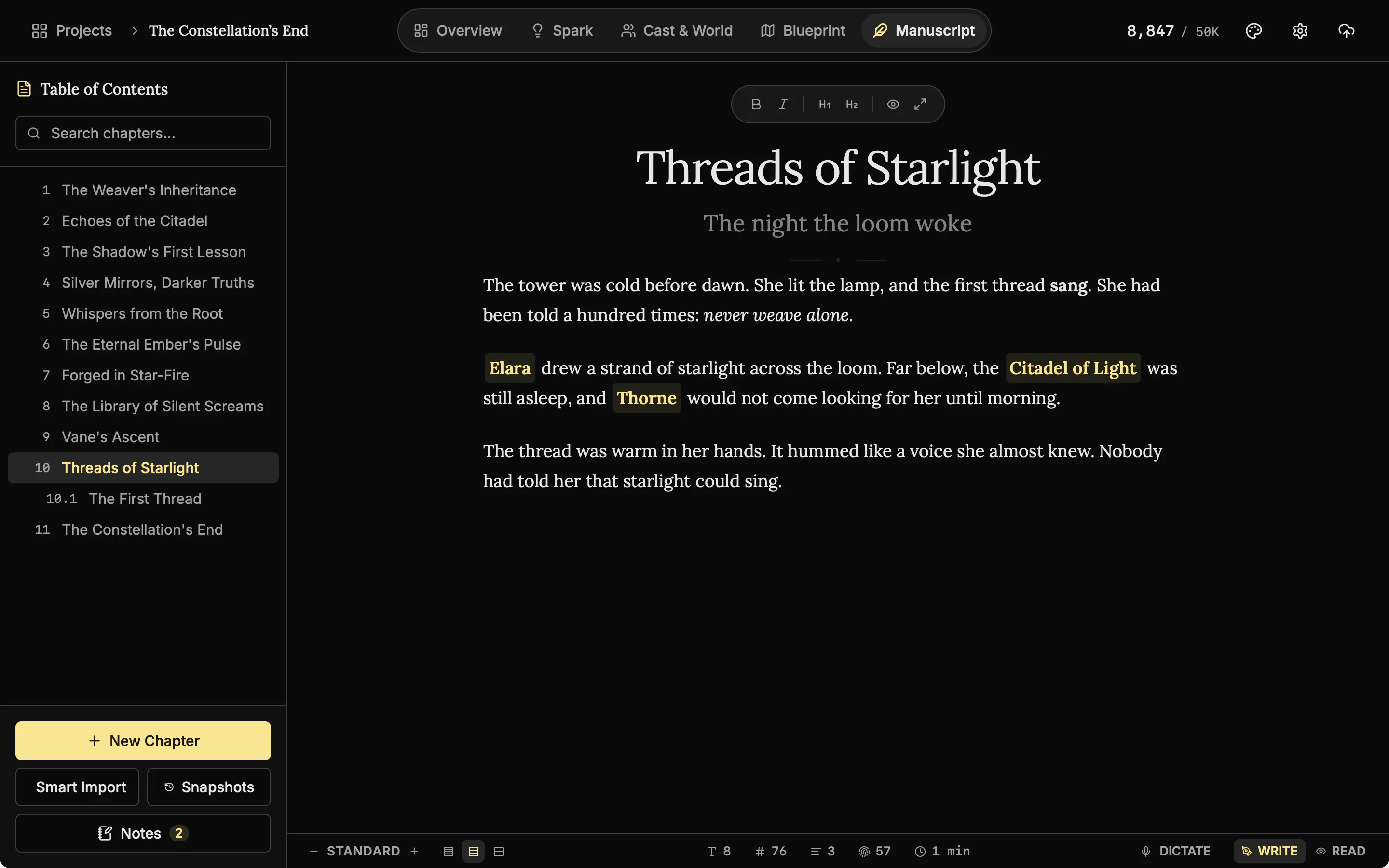 The same chapter after dictation: a new third paragraph of three sentences, and the Dictate button idle again.