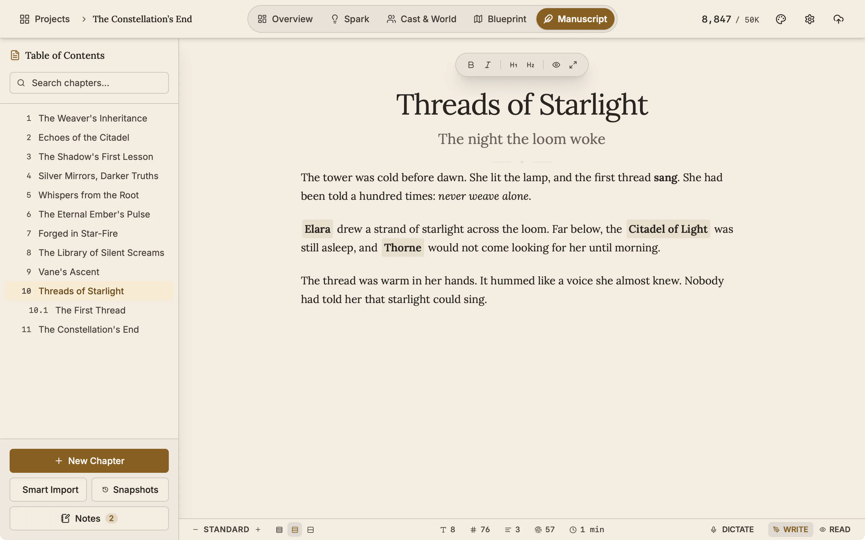 The same chapter after dictation: a new third paragraph of three sentences, and the Dictate button idle again.
