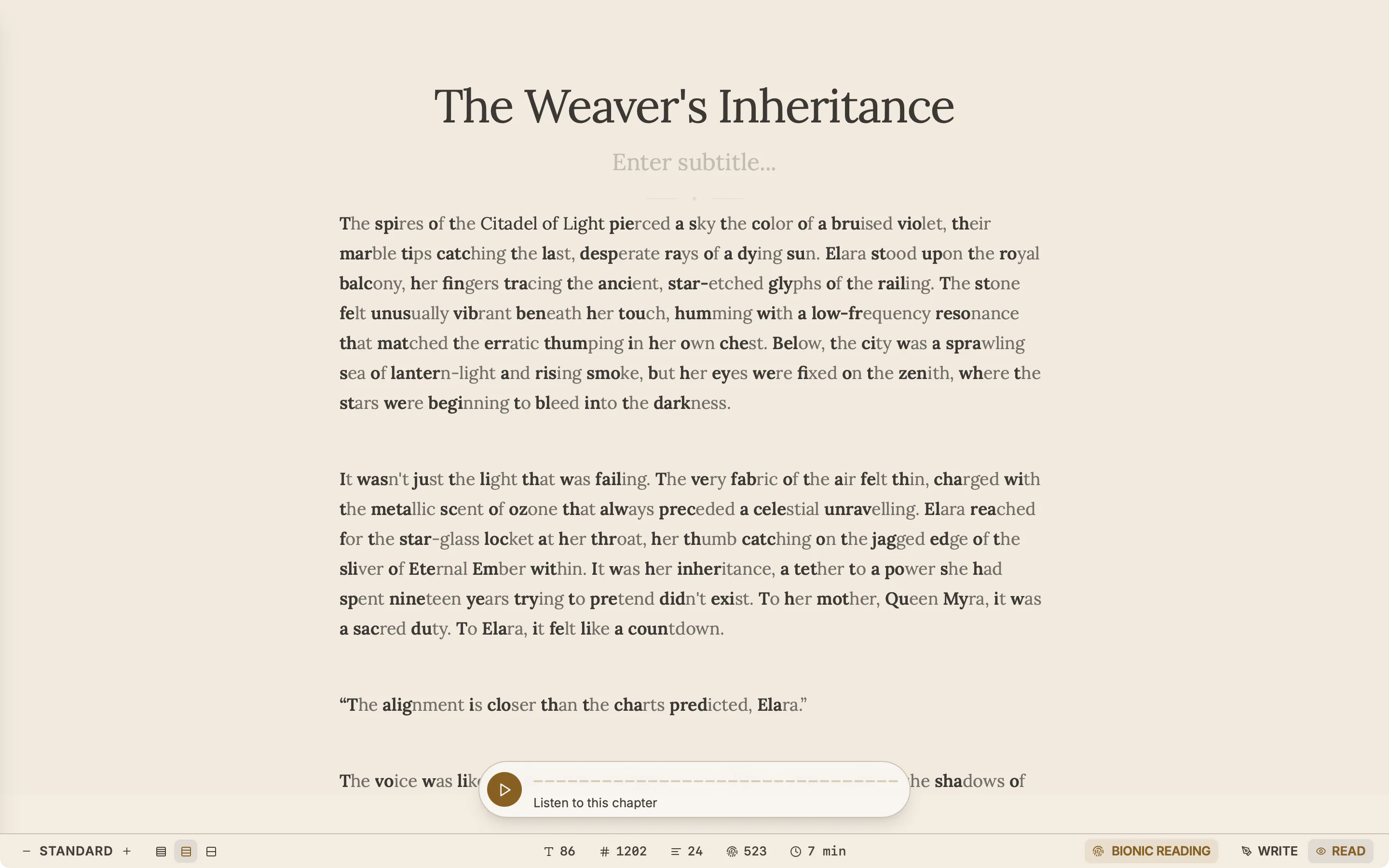 A chapter in Read mode with Bionic Reading on, the first letters of each word in bold.