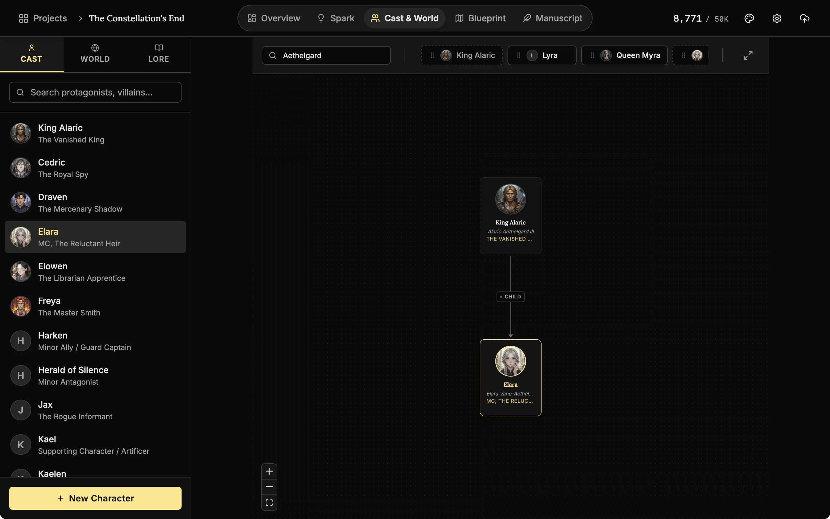 The genealogy editor with one character linked above another as a parent.
