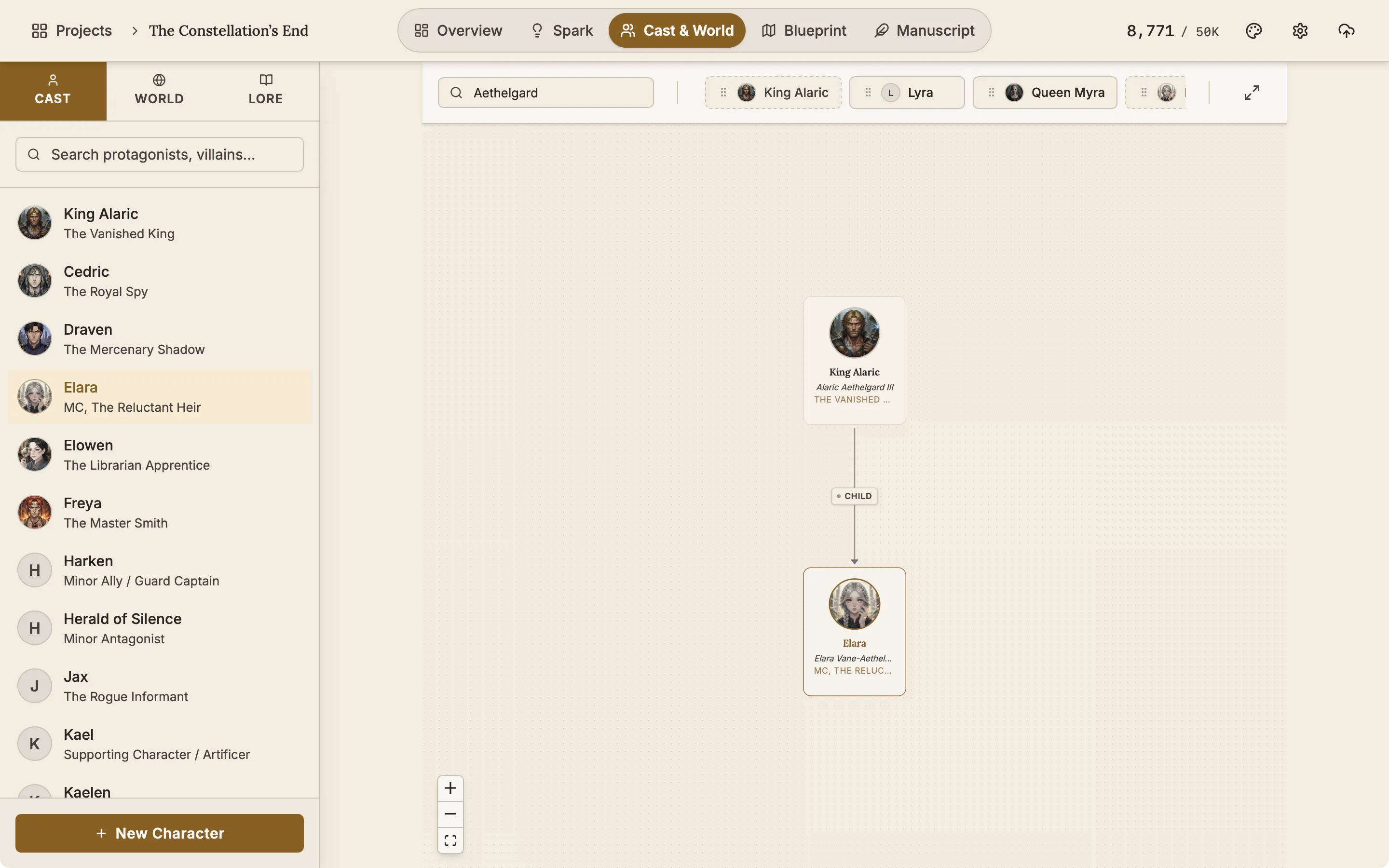 The genealogy editor with one character linked above another as a parent.