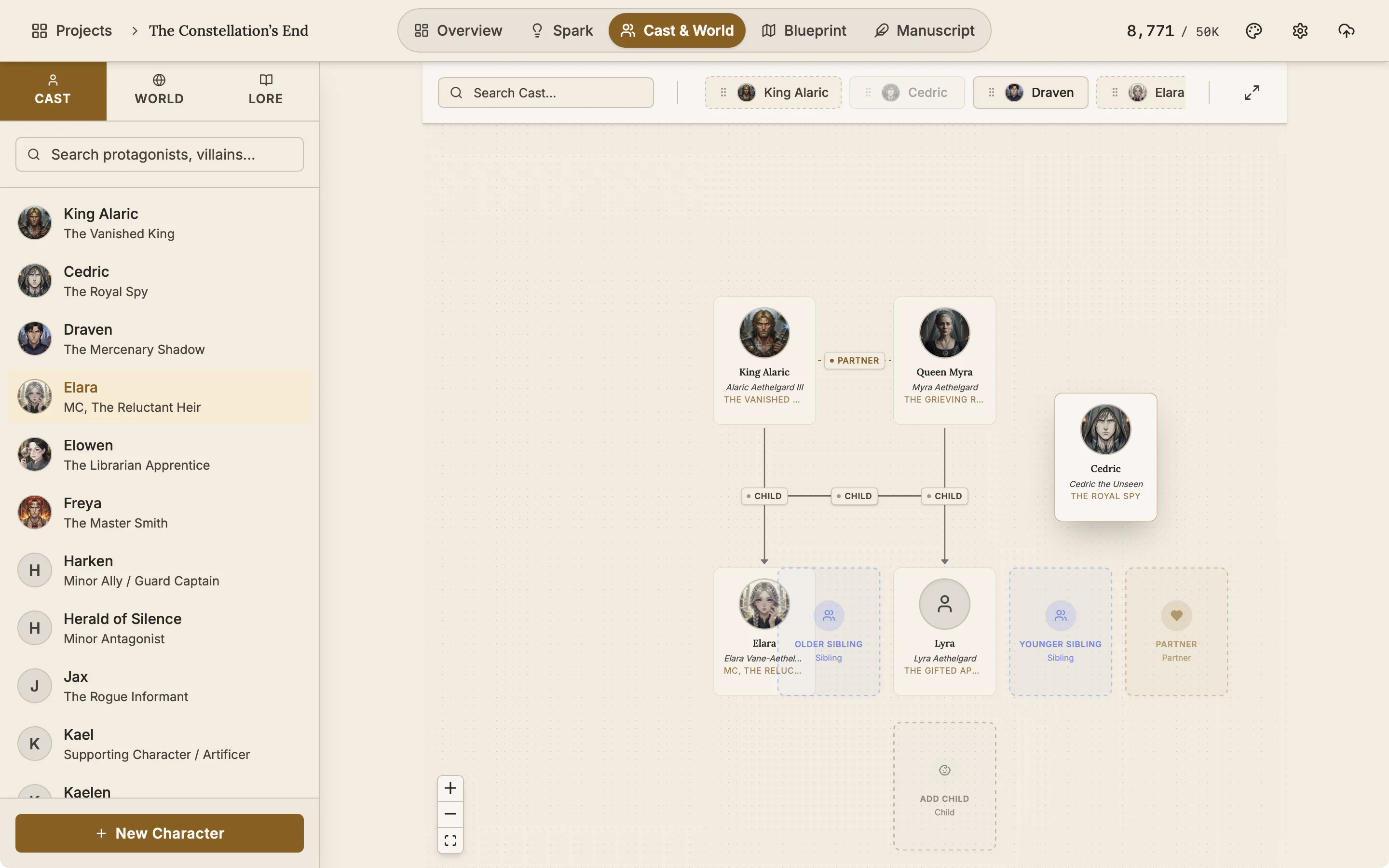 The family tree while a character is being dragged, with dashed slots for older sibling, younger sibling, partner and child.