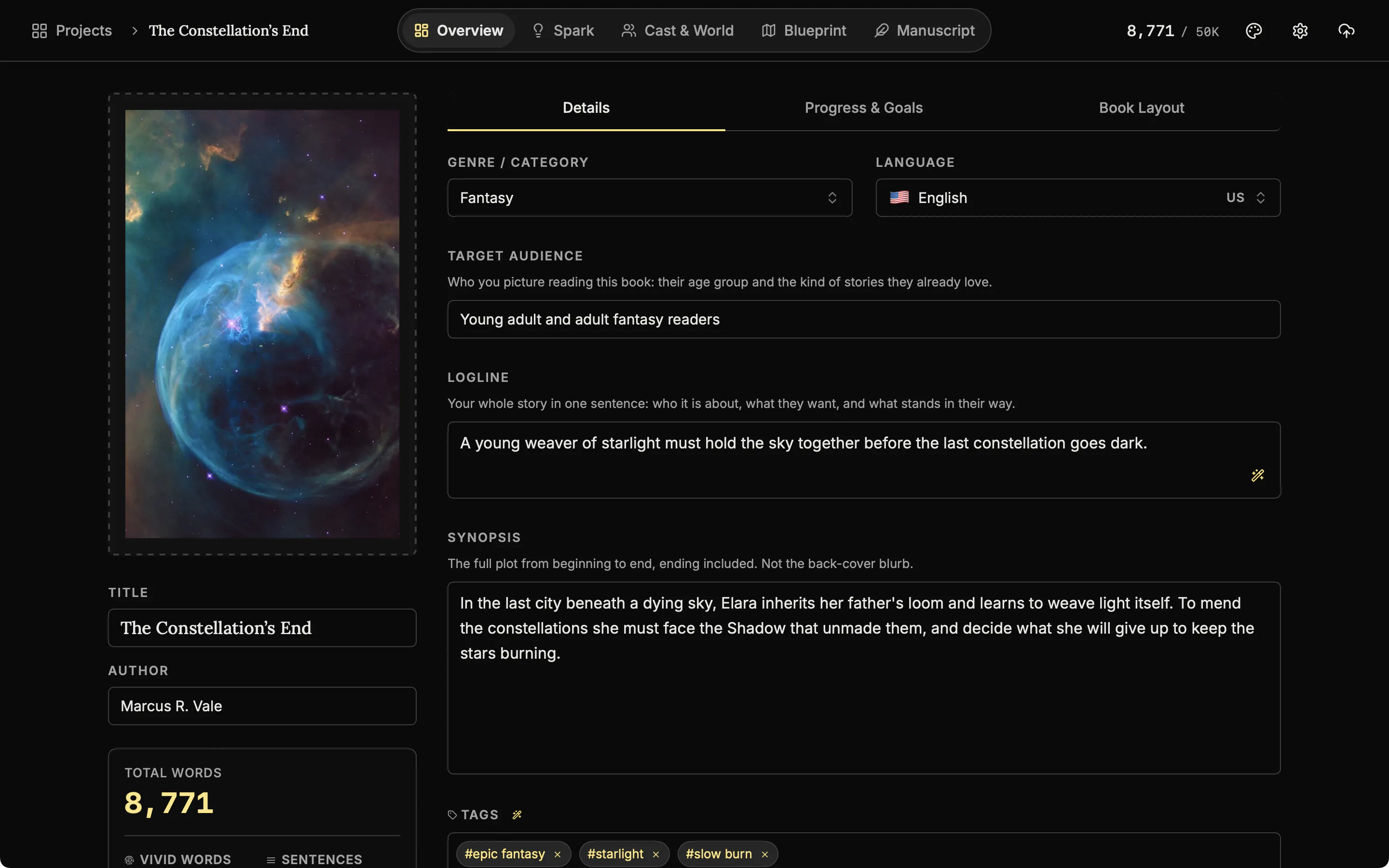 The Overview tab of The Constellation's End with the cover, title, author, genre, logline, synopsis and tags filled in.