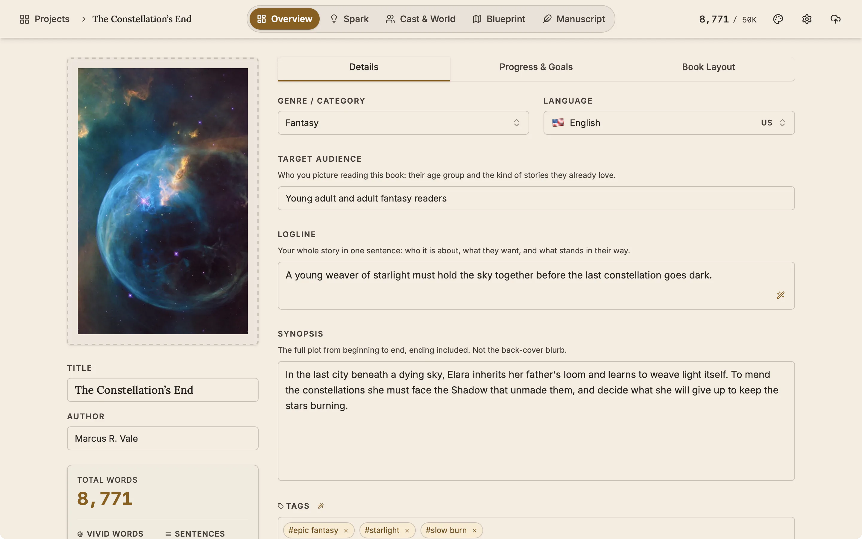 The Overview tab of The Constellation's End with the cover, title, author, genre, logline, synopsis and tags filled in.