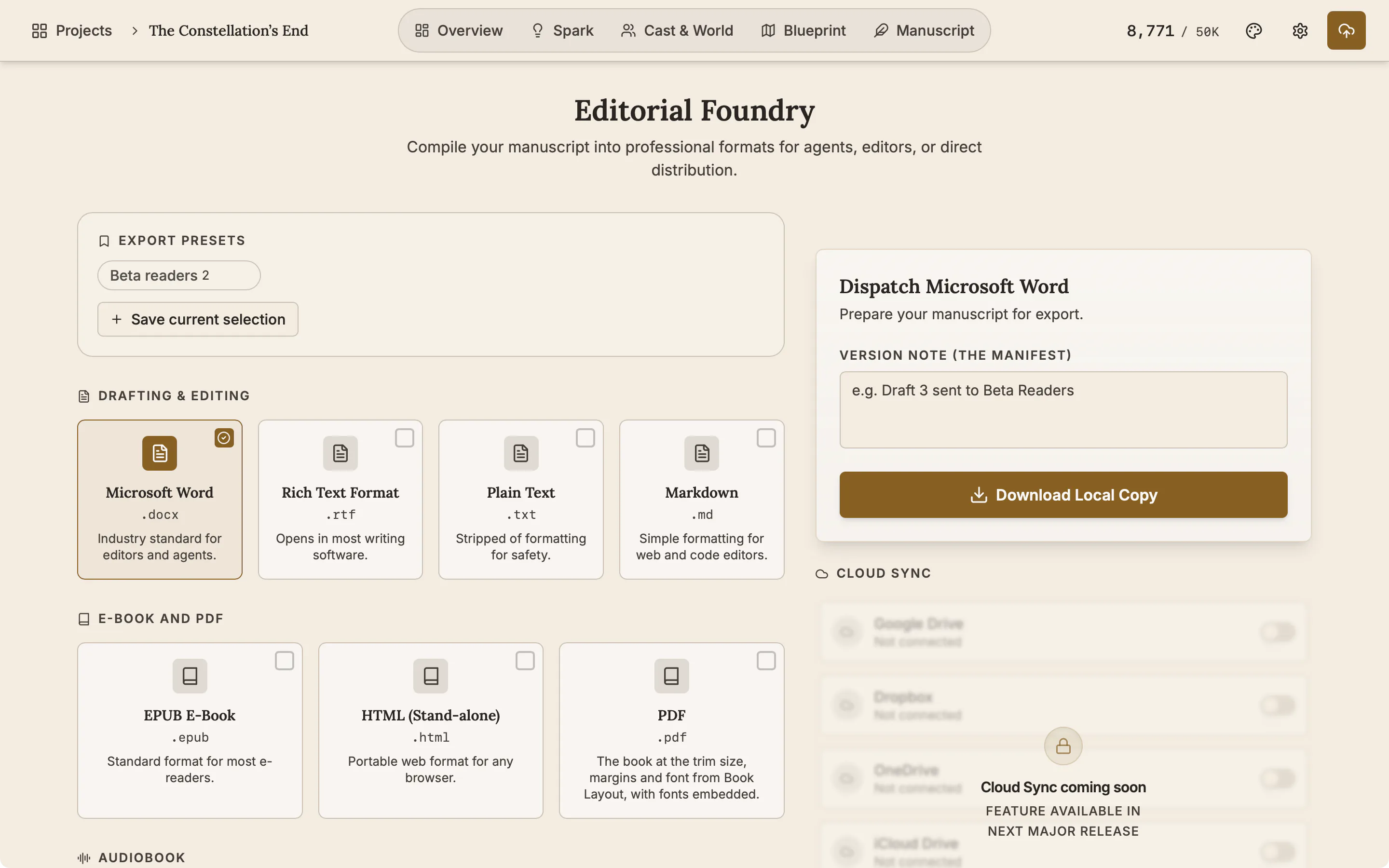 The Publish page with format cards for Word, RTF, plain text, Markdown, EPUB, HTML and PDF beside the export panel.