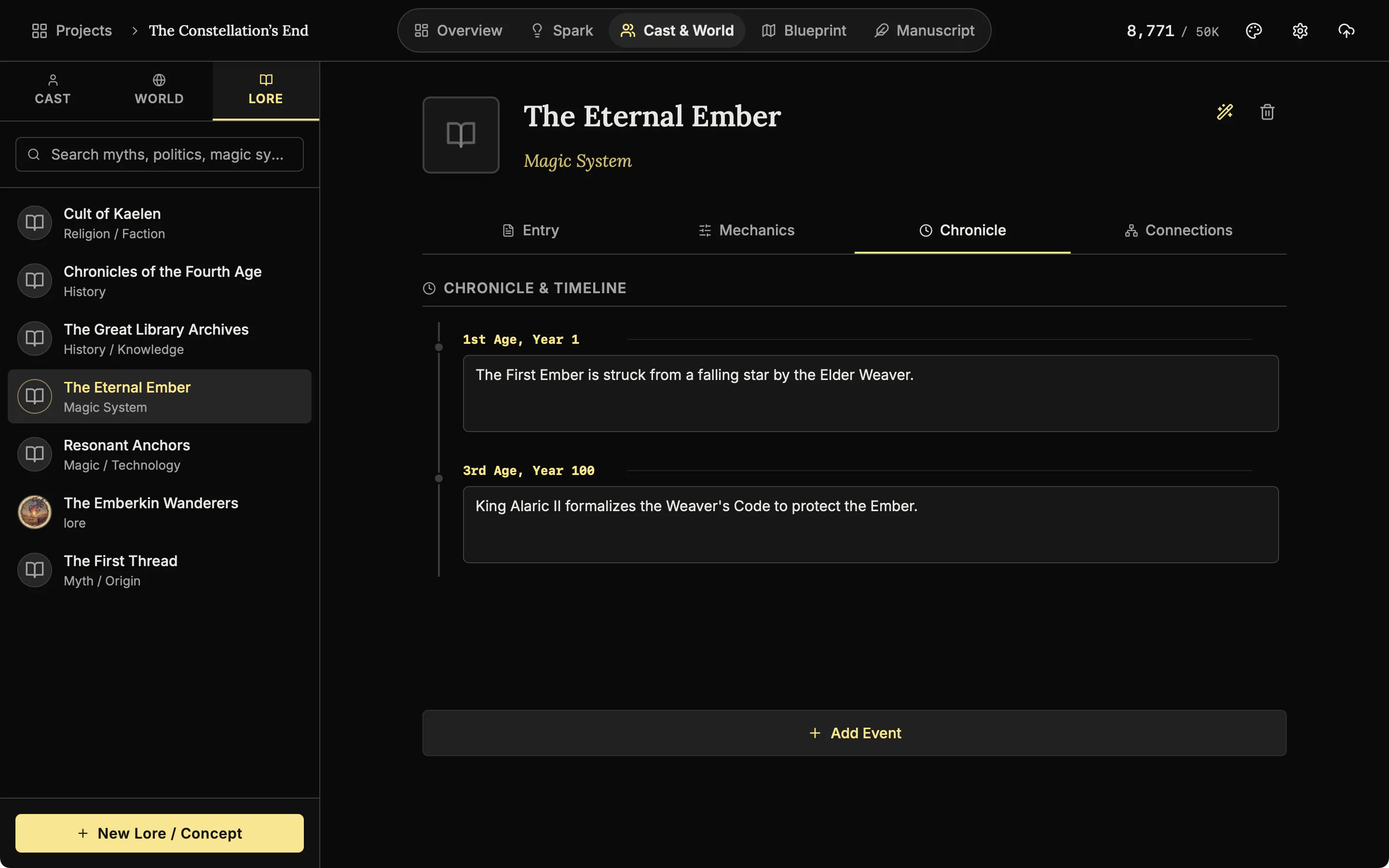 The Chronicle tab of a lore entry with two dated events.