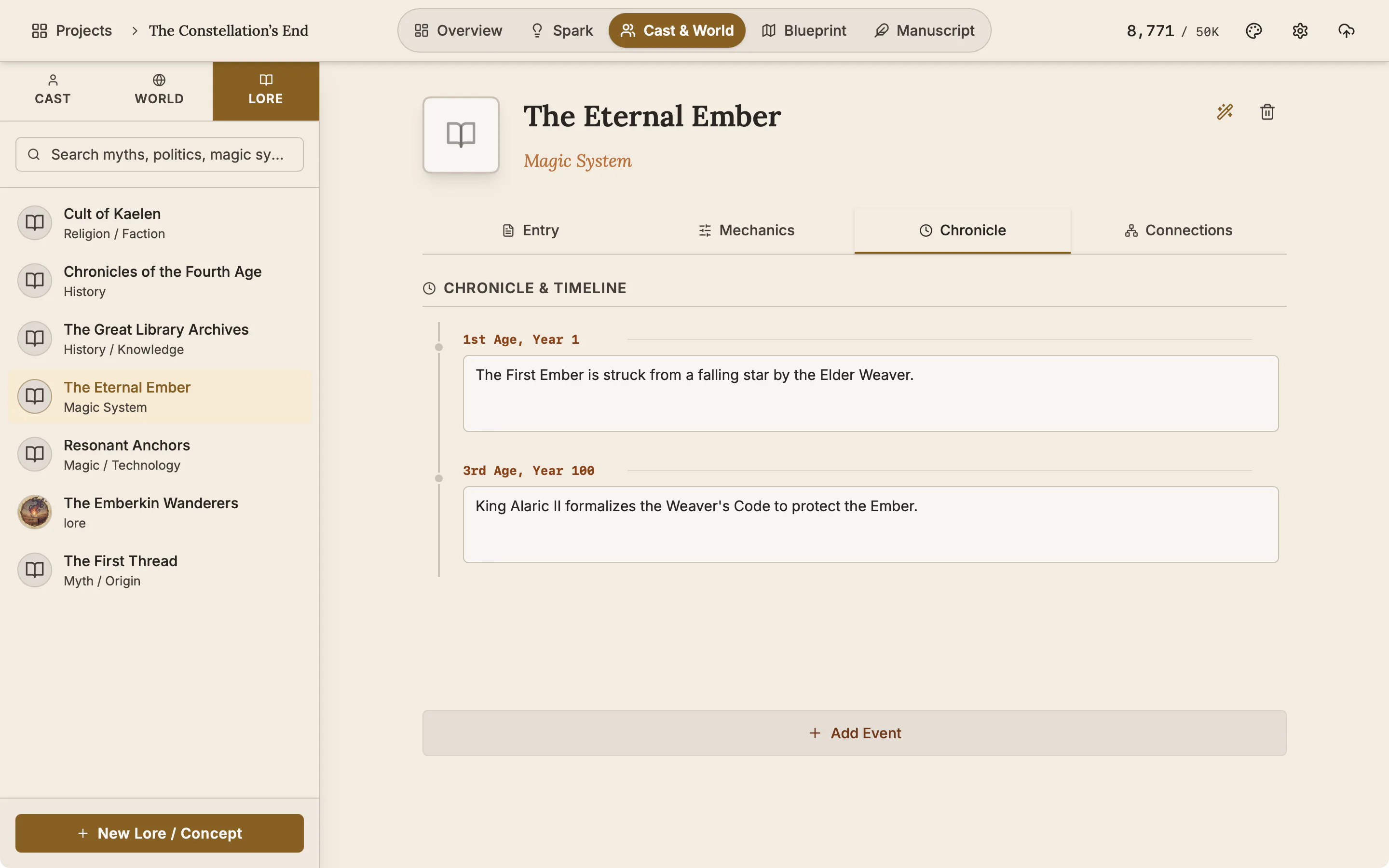 The Chronicle tab of a lore entry with two dated events.