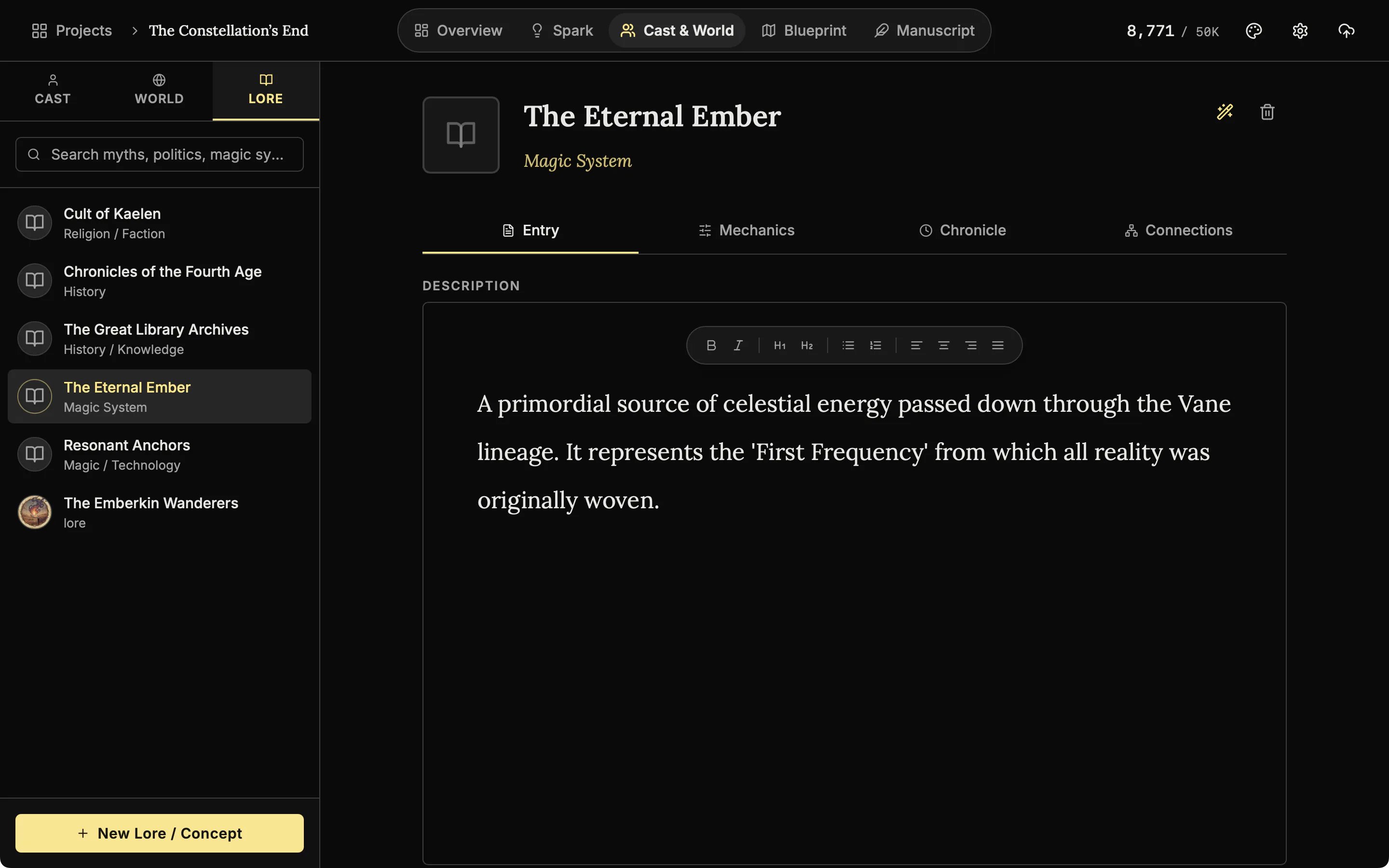 The Lore list with the entry The Eternal Ember open, showing its description.