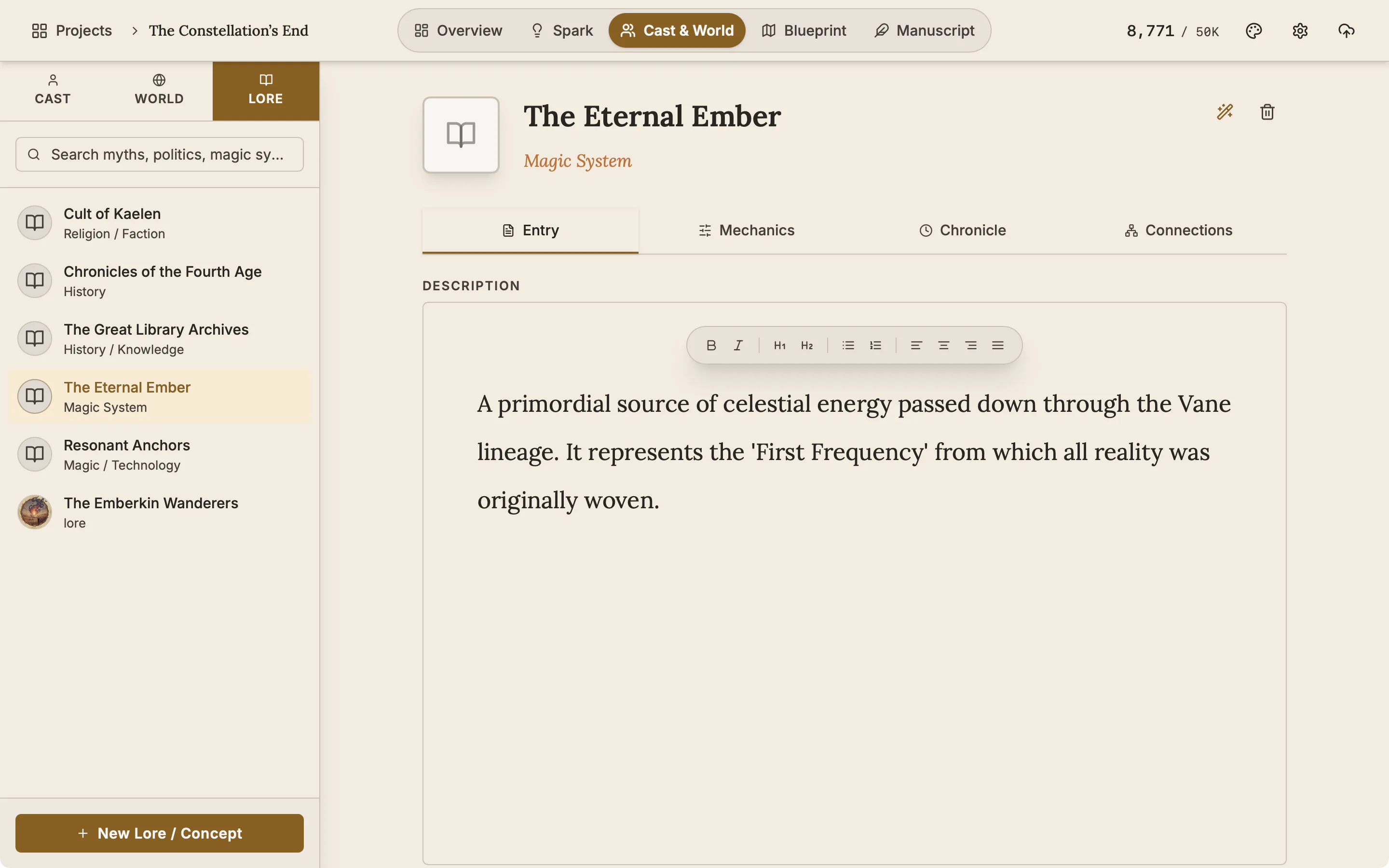 The Lore list with the entry The Eternal Ember open, showing its description.