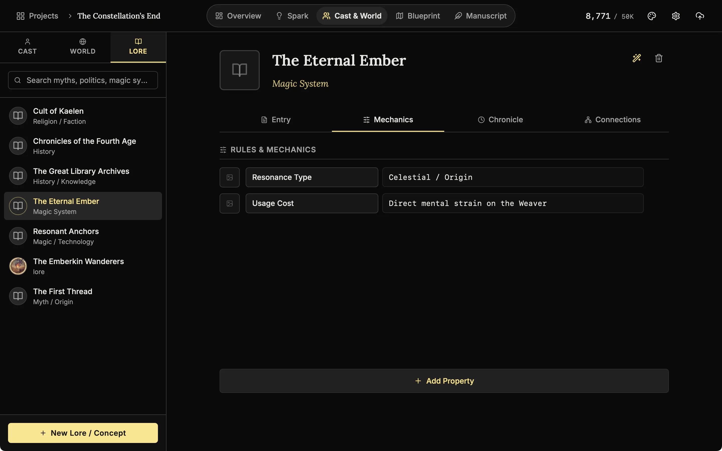 The Mechanics tab of a lore entry with two rules listed as rows.