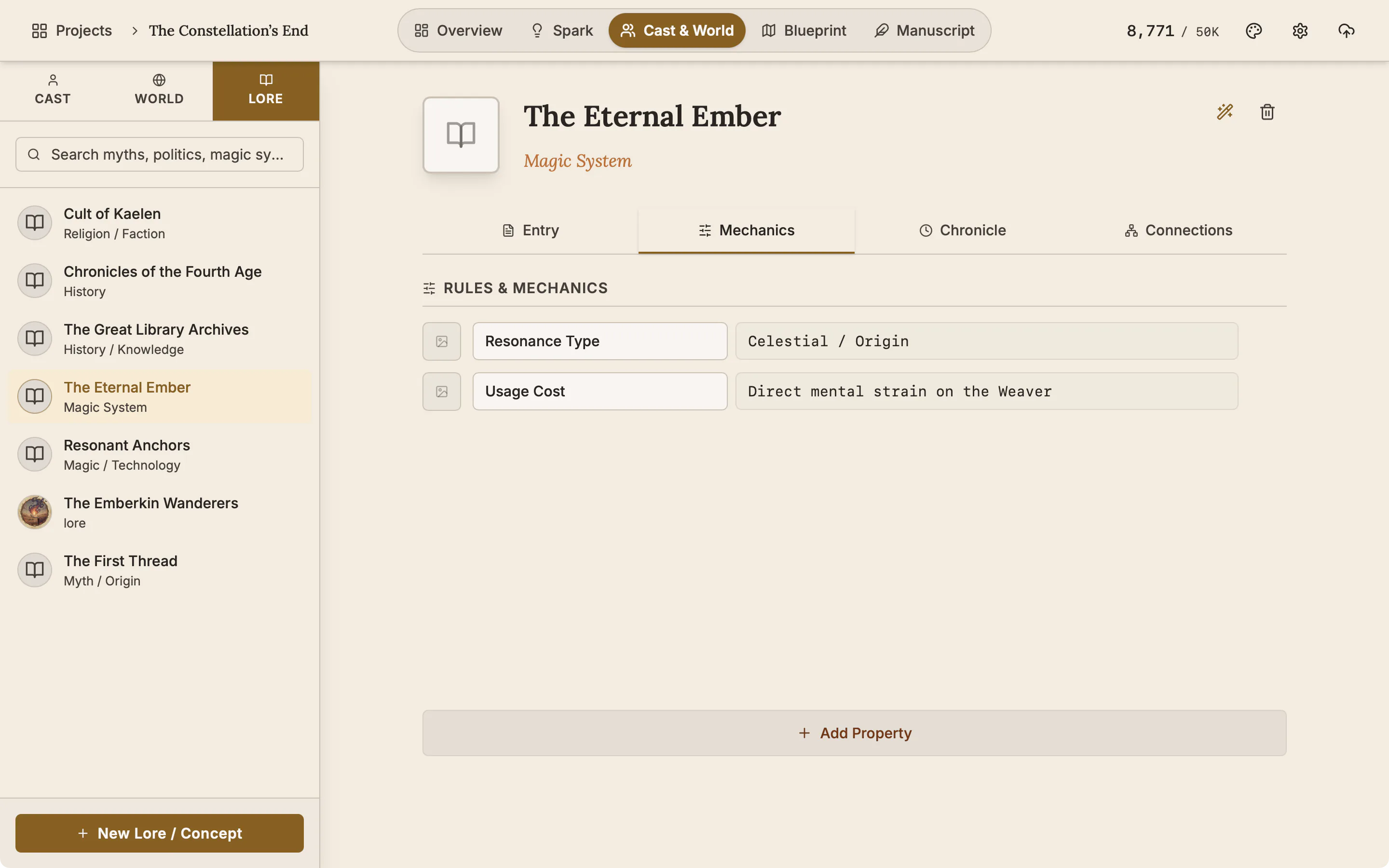 The Mechanics tab of a lore entry with two rules listed as rows.