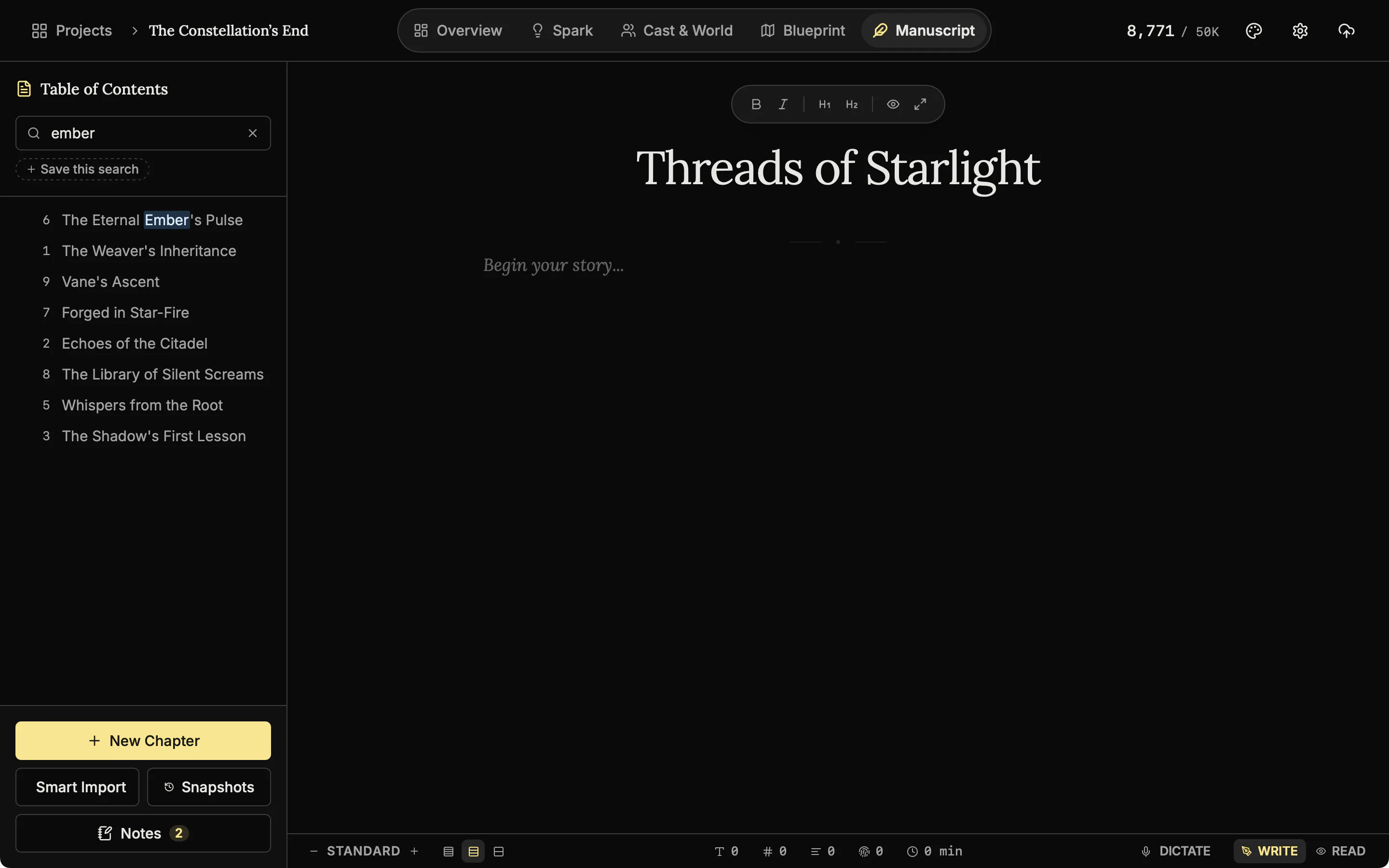 The chapter list with a search typed in, matching chapters highlighted and a saved search listed.