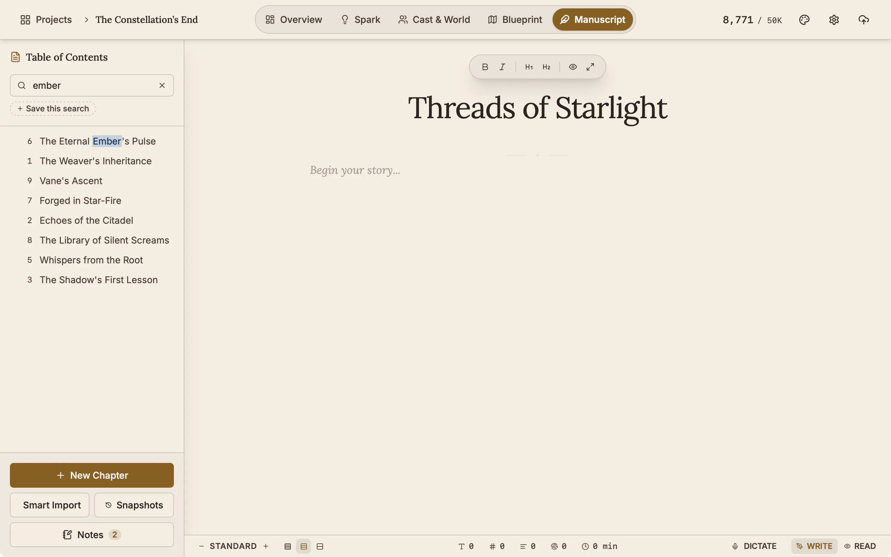 The chapter list with a search typed in, matching chapters highlighted and a saved search listed.