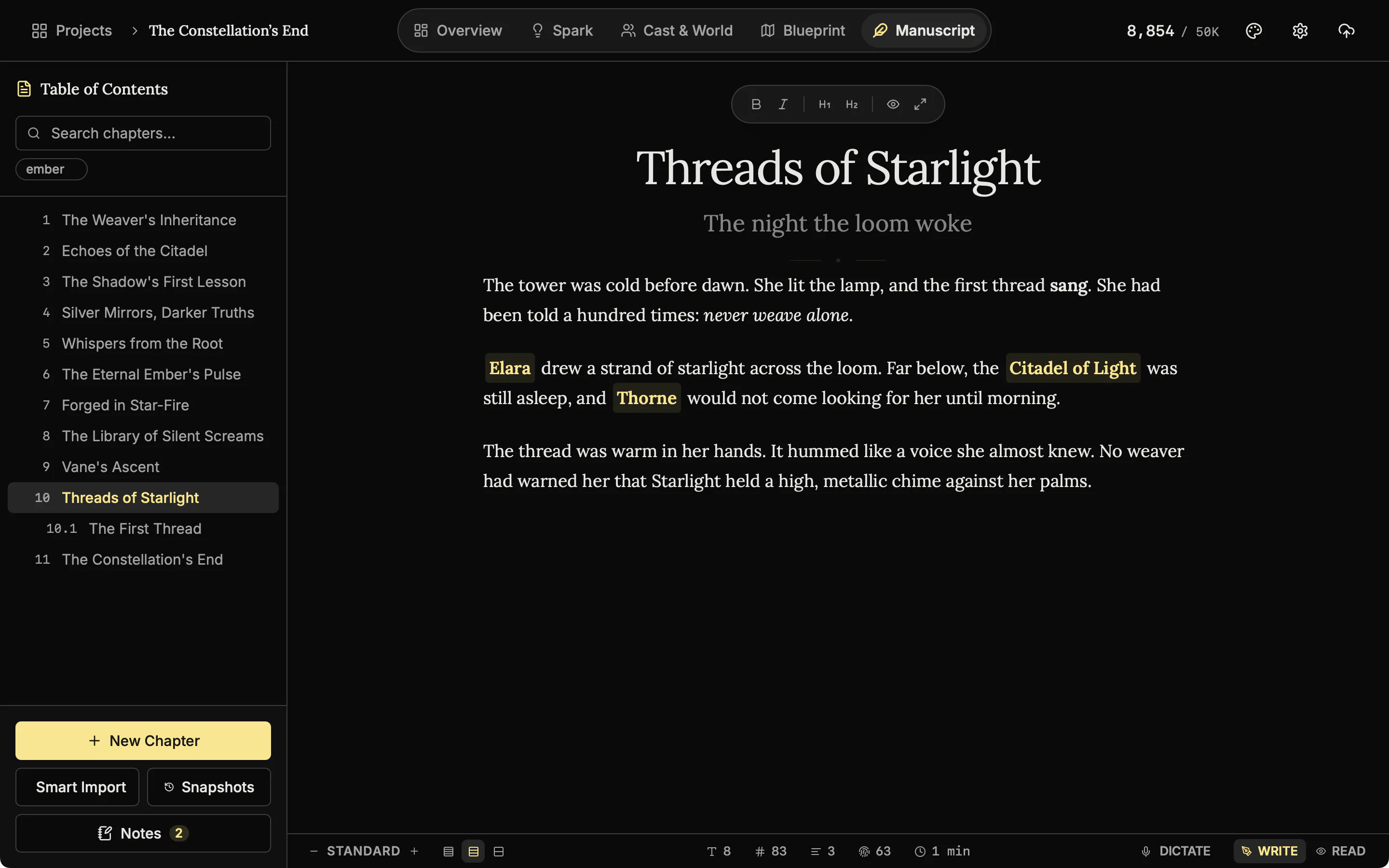 The status bar with the text size reading Standard, three line spacing buttons, the counts, Dictate, Write and Read.