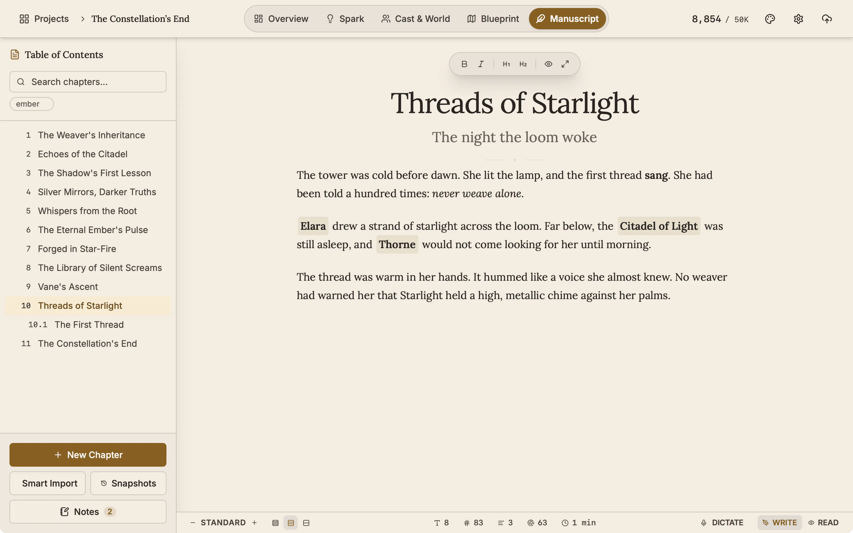 The status bar with the text size reading Standard, three line spacing buttons, the counts, Dictate, Write and Read.