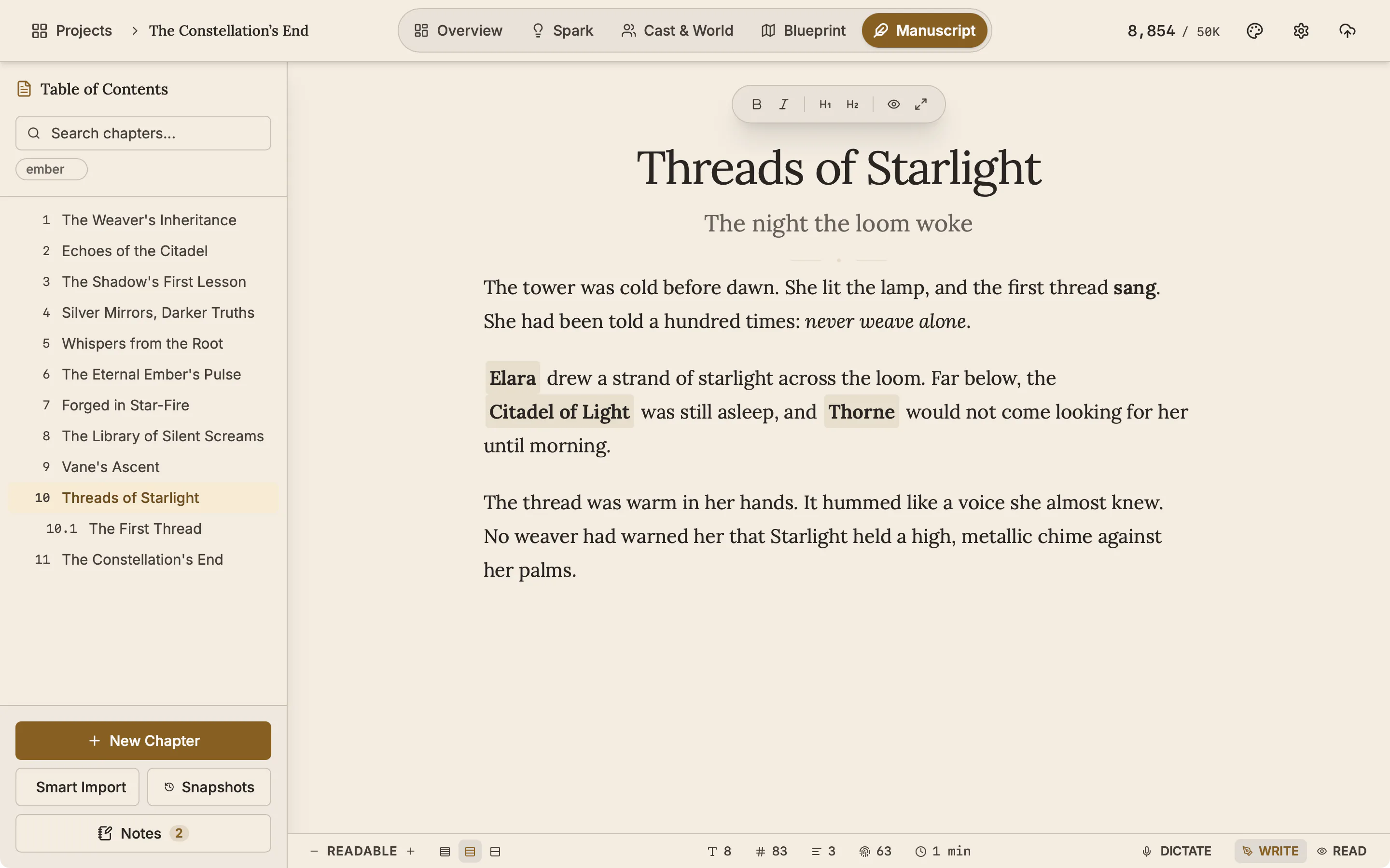 A chapter shown in larger text, with the text size control in the status bar reading Readable.