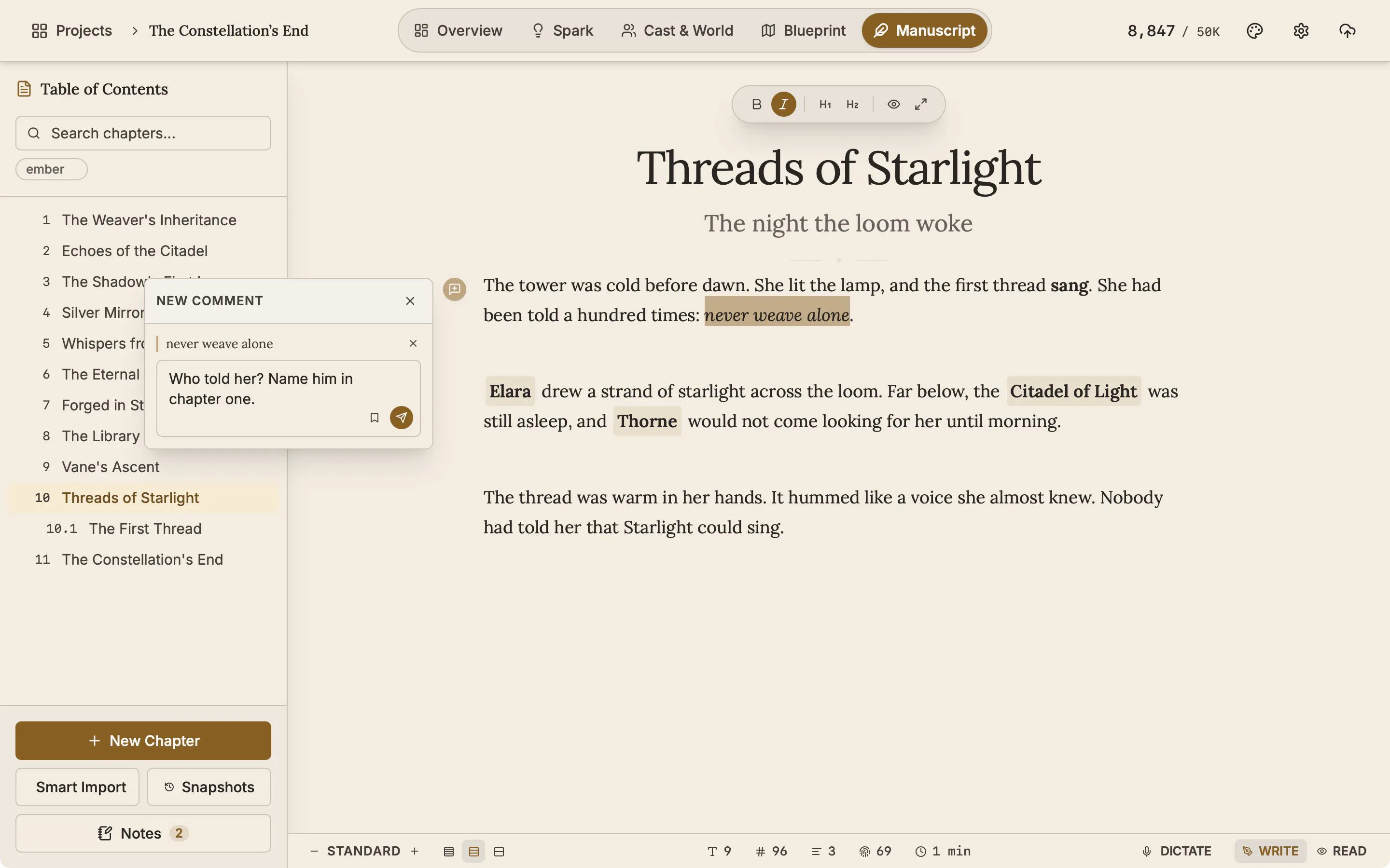 A new comment being typed in a small box beside the selected words.