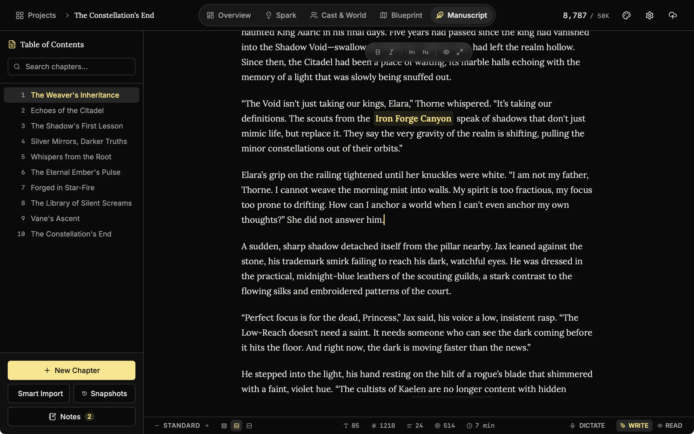The manuscript editor with Typewriter mode on: the cursor sits at the end of a paragraph in the middle of the screen, with text above and below it.