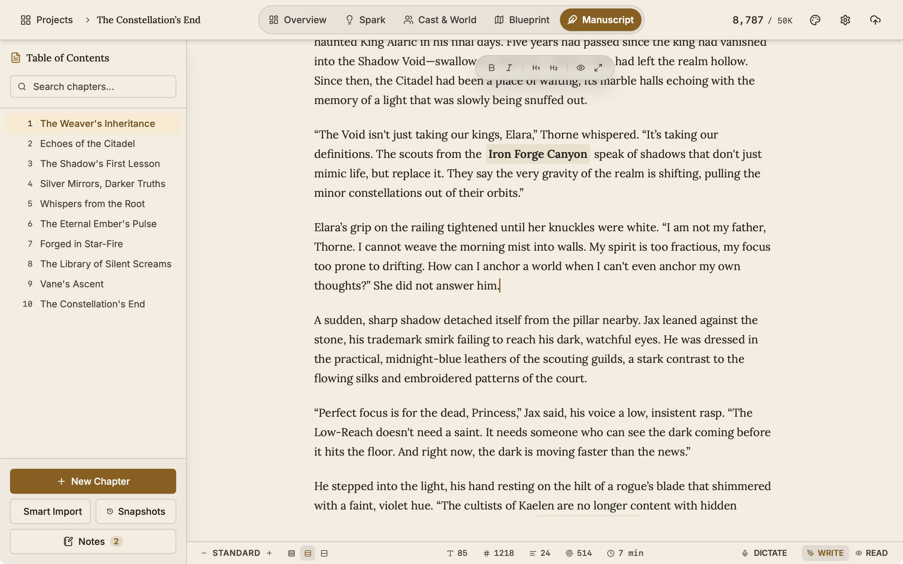 The manuscript editor with Typewriter mode on: the cursor sits at the end of a paragraph in the middle of the screen, with text above and below it.