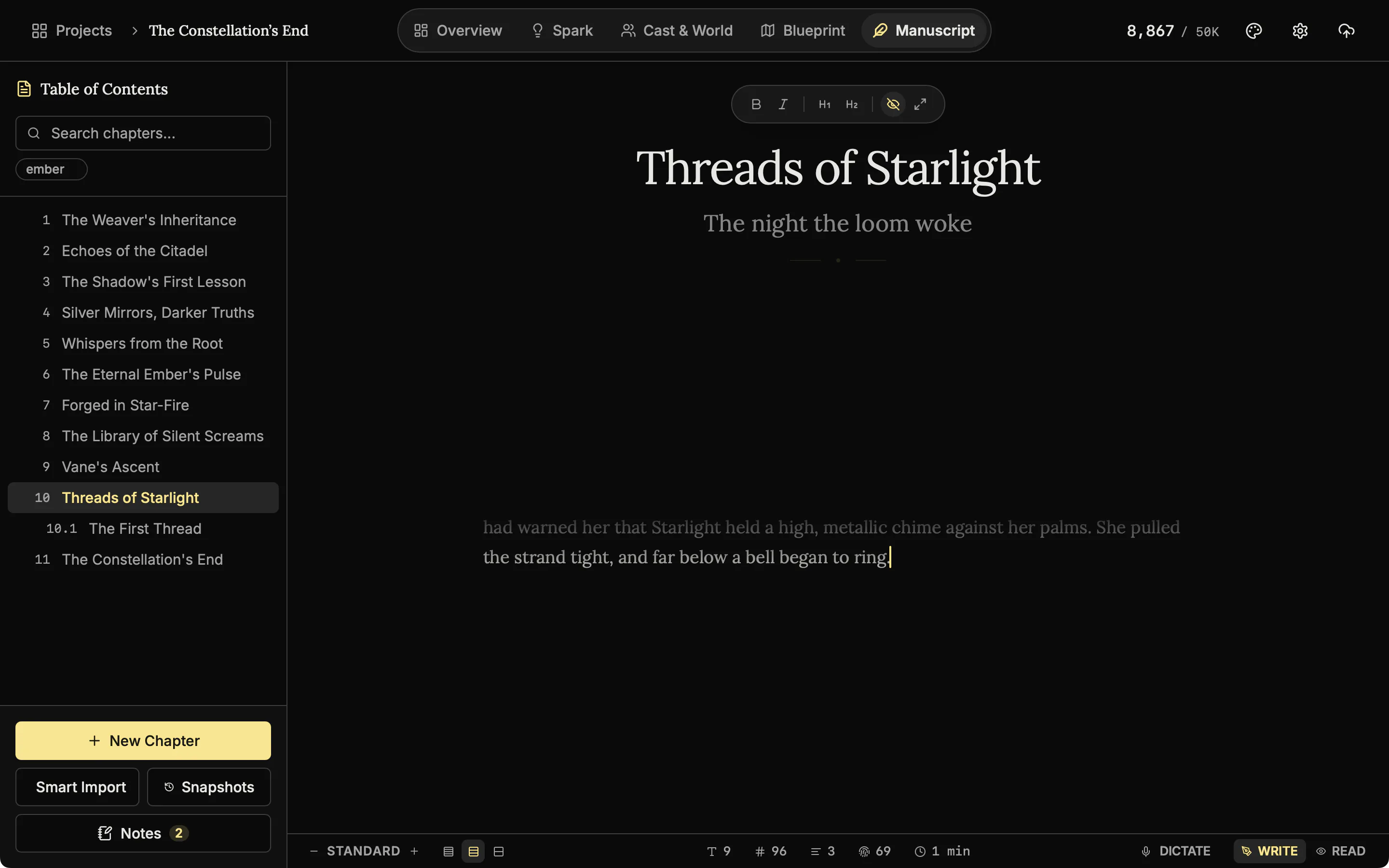 A chapter in Vanishing mode with only the last two lines of text still visible.