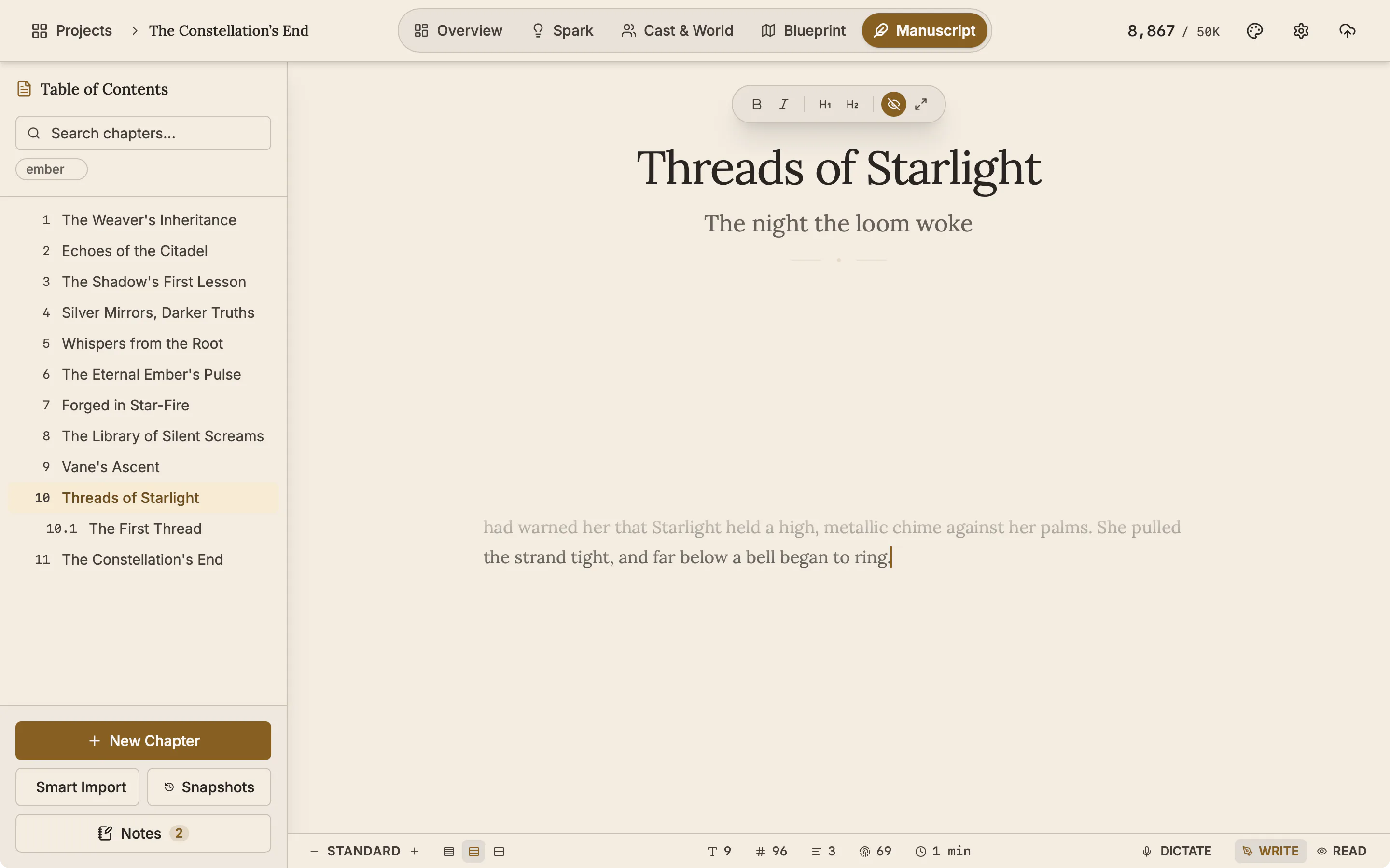 A chapter in Vanishing mode with only the last two lines of text still visible.