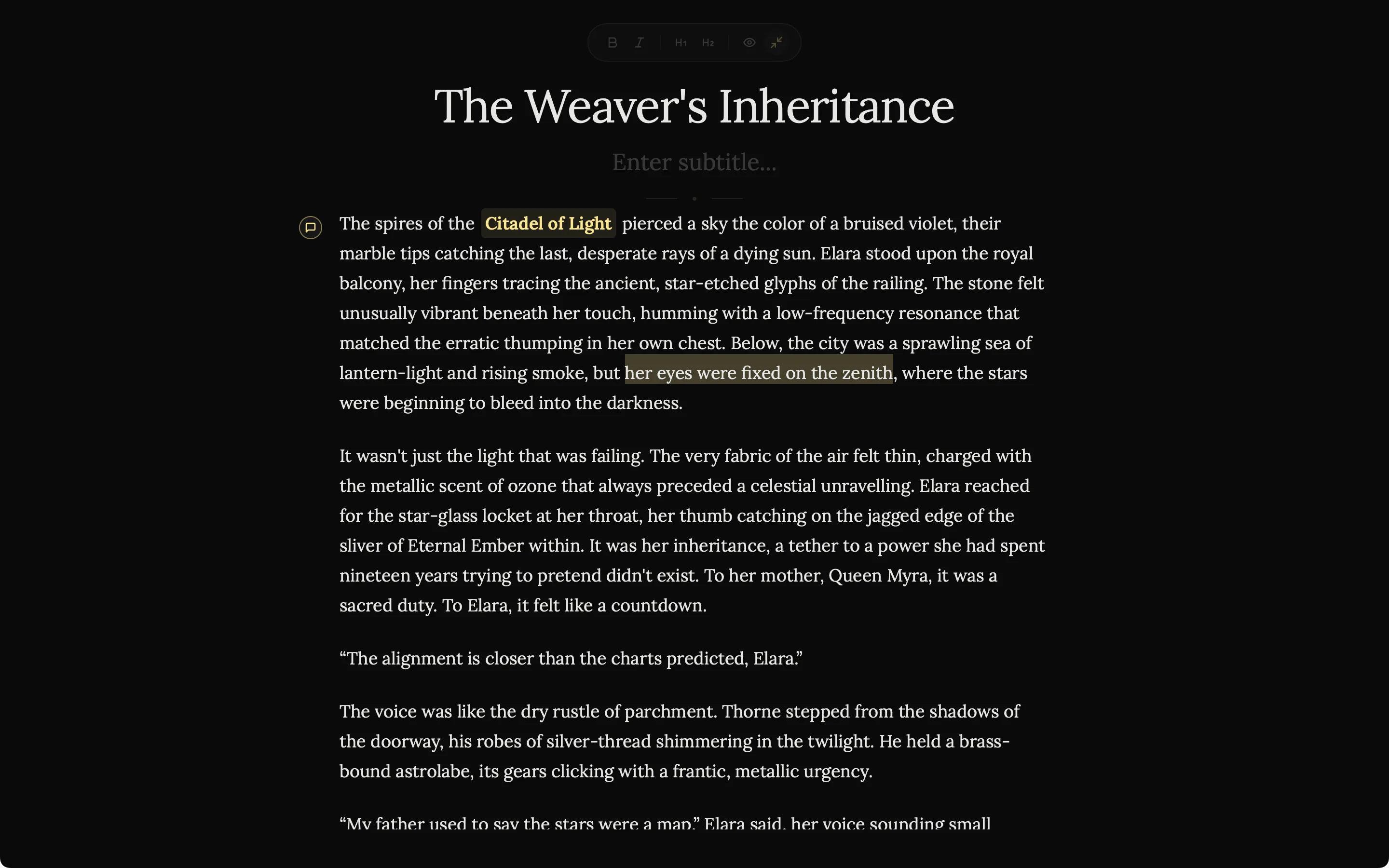 A full page of chapter one in Zen mode: the chapter title and paragraphs on an empty dark screen with a dimmed toolbar at the top.