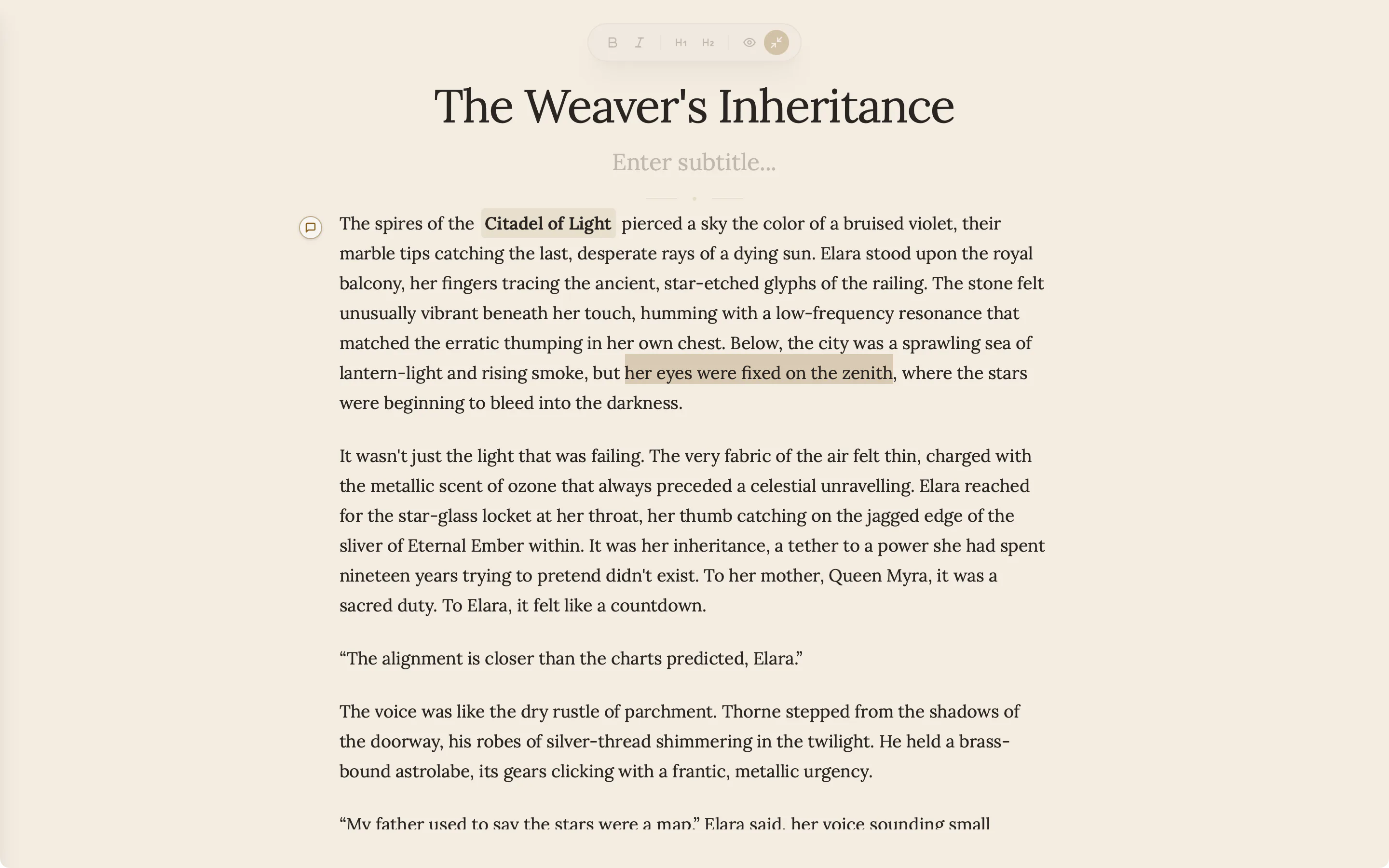 A full page of chapter one in Zen mode: the chapter title and paragraphs on an empty dark screen with a dimmed toolbar at the top.