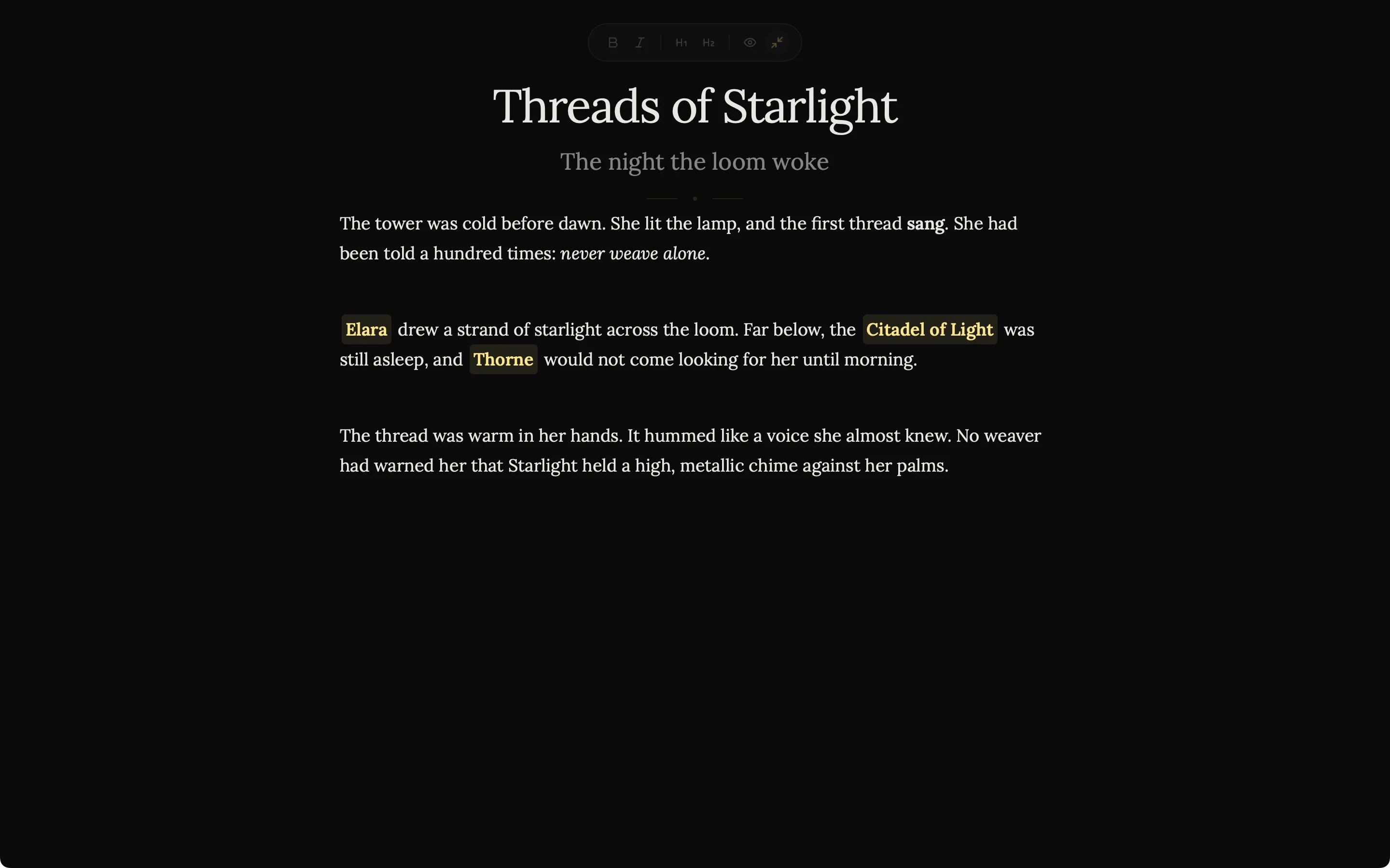 A chapter in Zen mode: the title, subtitle and three paragraphs on an otherwise empty screen.