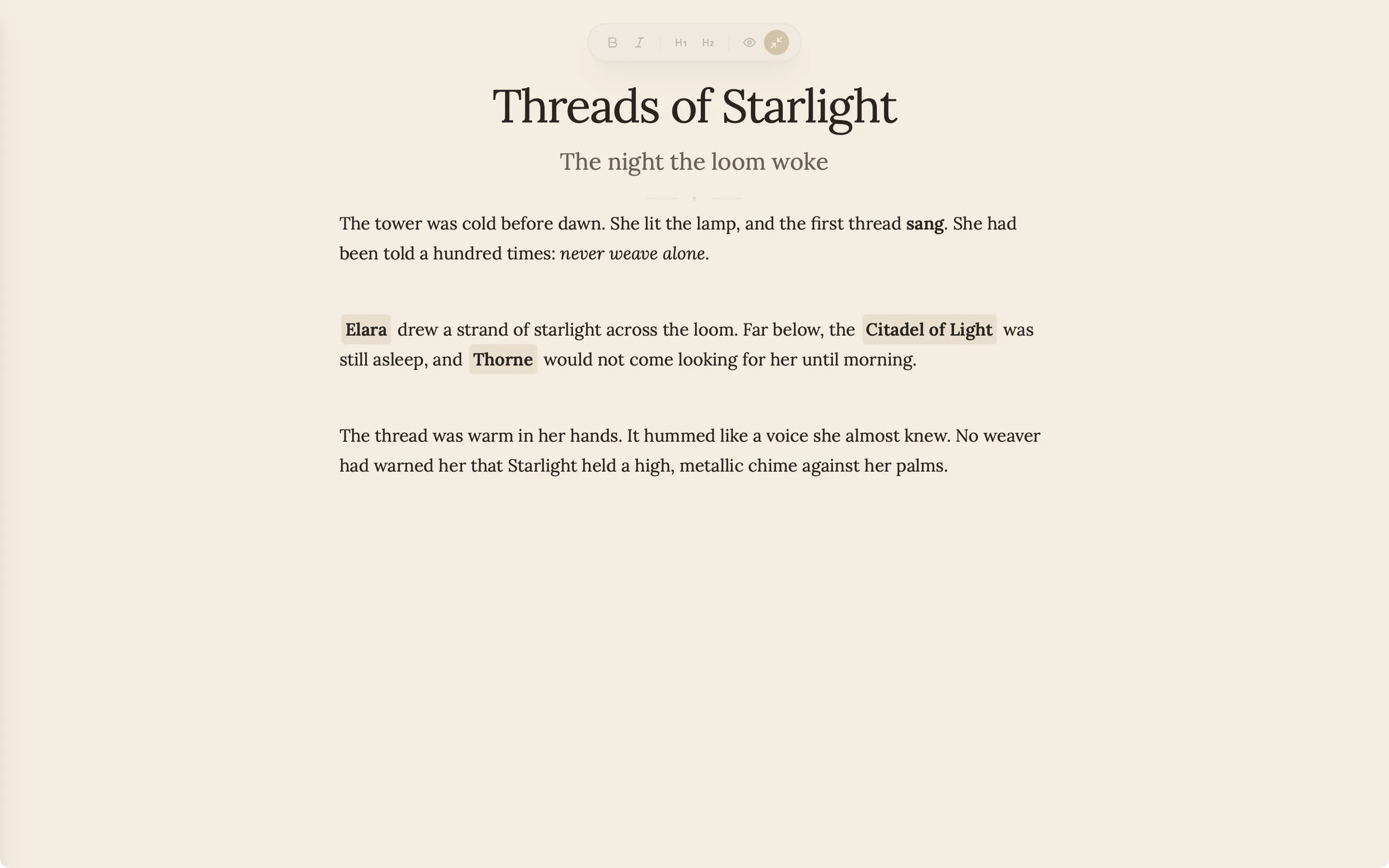 A chapter in Zen mode: the title, subtitle and three paragraphs on an otherwise empty screen.