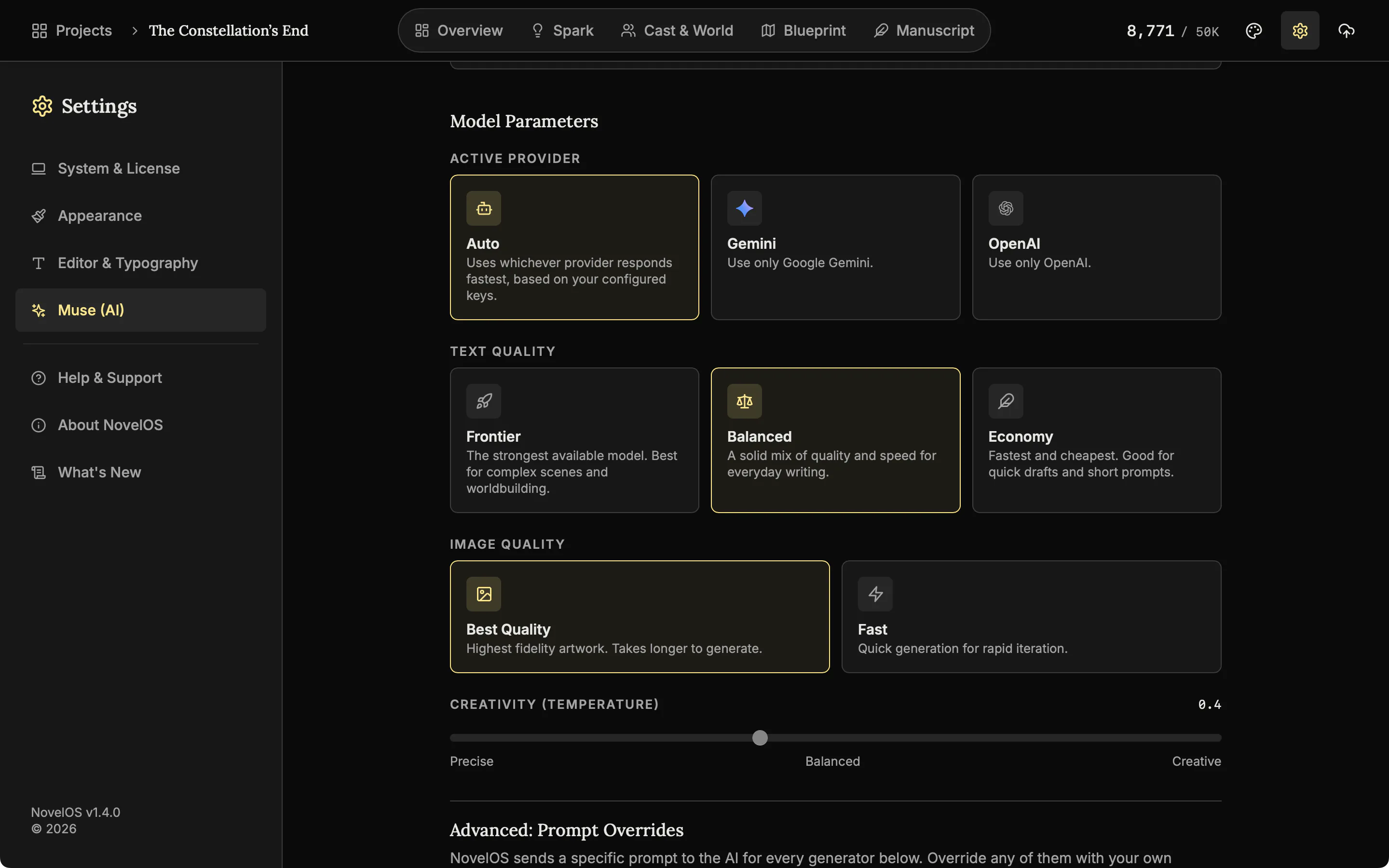 The Muse (AI) tab of Settings showing Active Provider cards for Auto, Gemini and OpenAI, Text Quality and Image Quality cards and a Creativity slider. No key fields are in the picture.