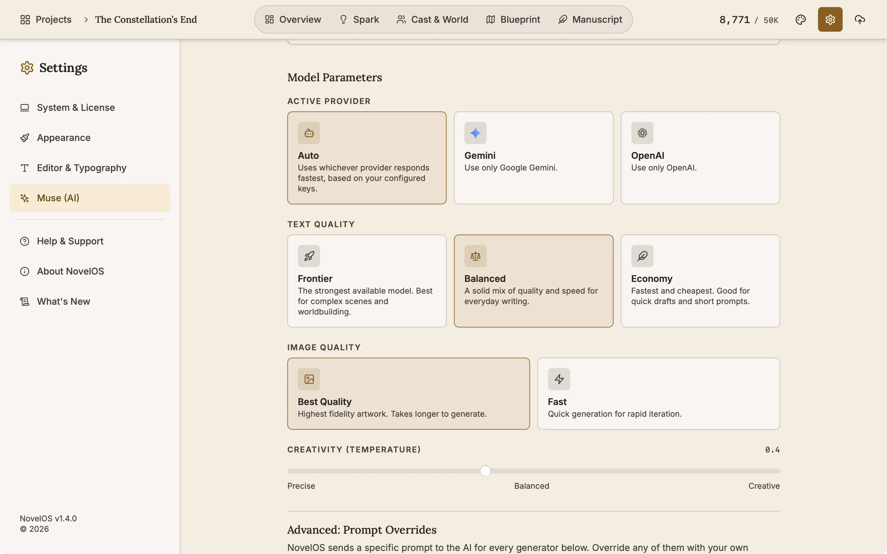 The Muse (AI) tab of Settings showing Active Provider cards for Auto, Gemini and OpenAI, Text Quality and Image Quality cards and a Creativity slider. No key fields are in the picture.