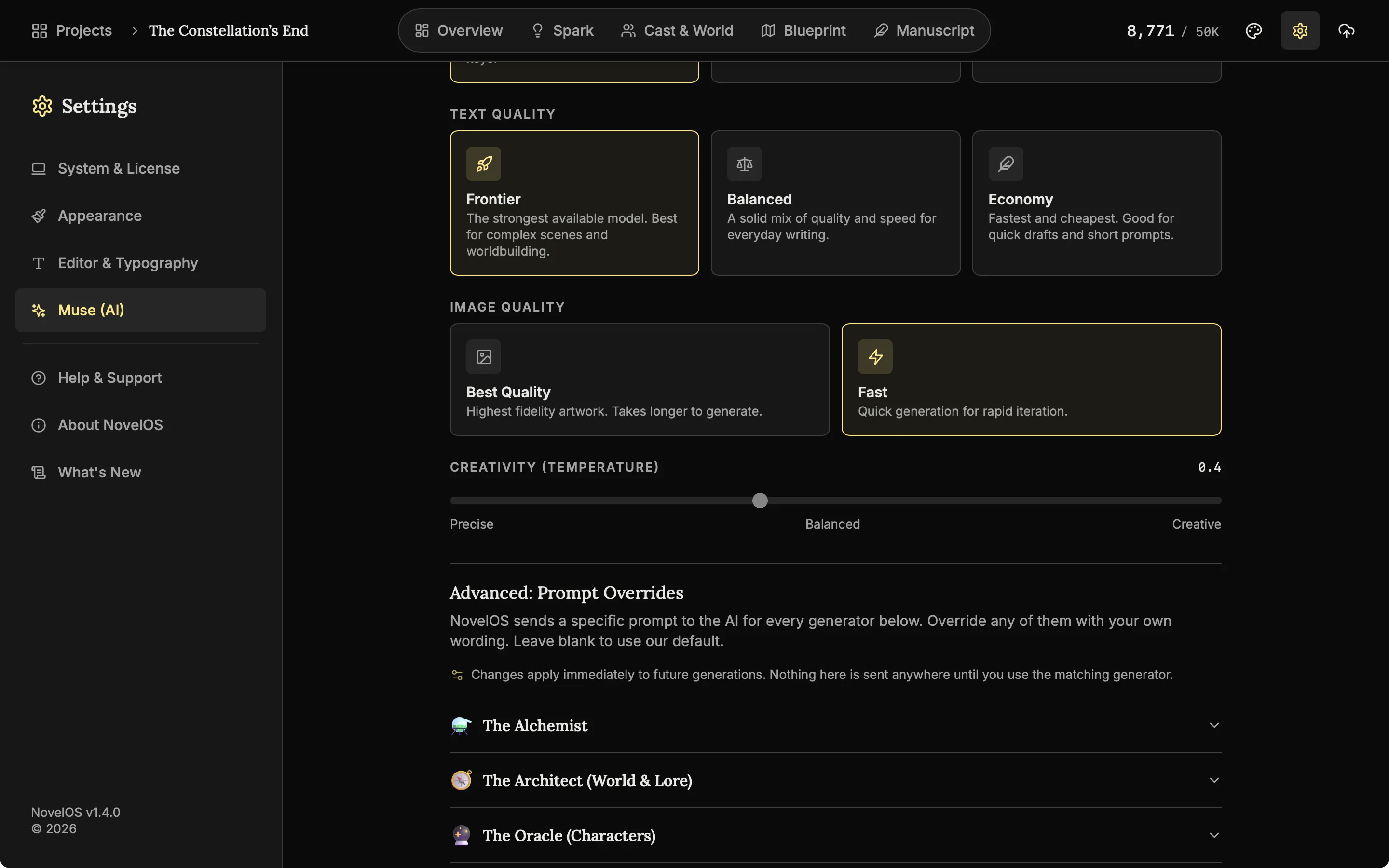 The Muse (AI) settings with text quality set to Frontier, image quality set to Fast, and the creativity slider between Precise and Creative.