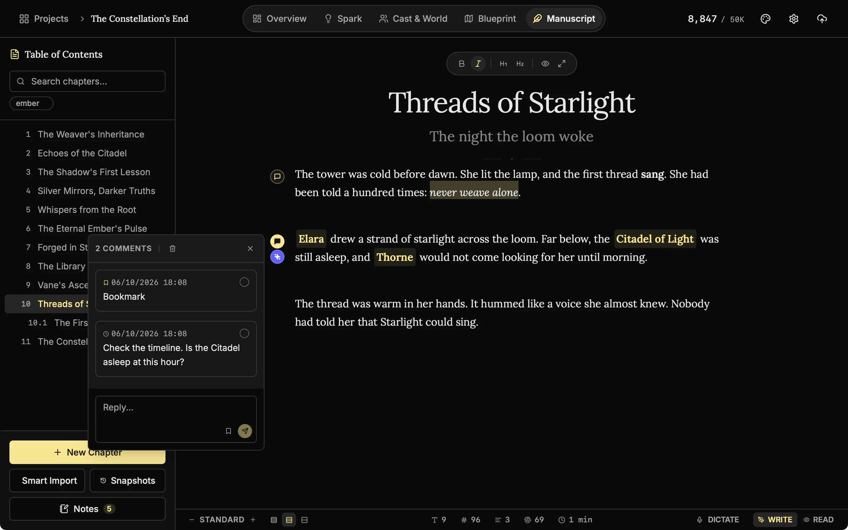 A paragraph with a bookmark icon in the margin beside a comment icon.