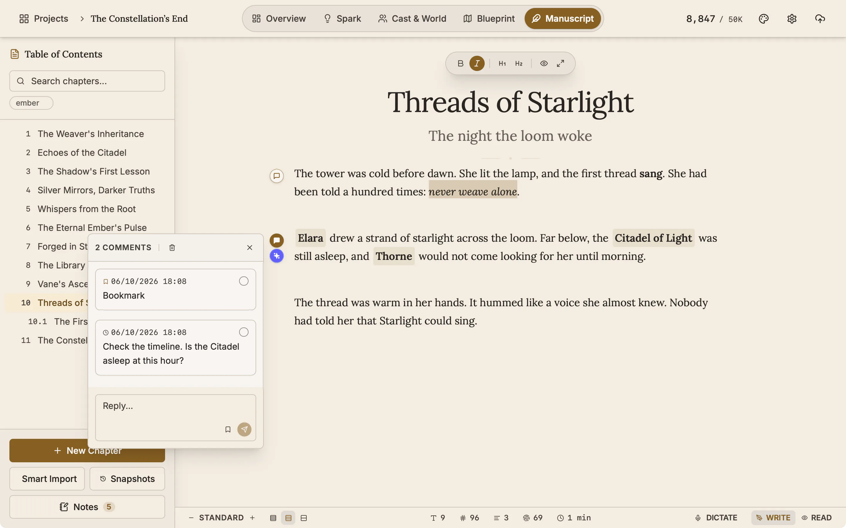 A paragraph with a bookmark icon in the margin beside a comment icon.