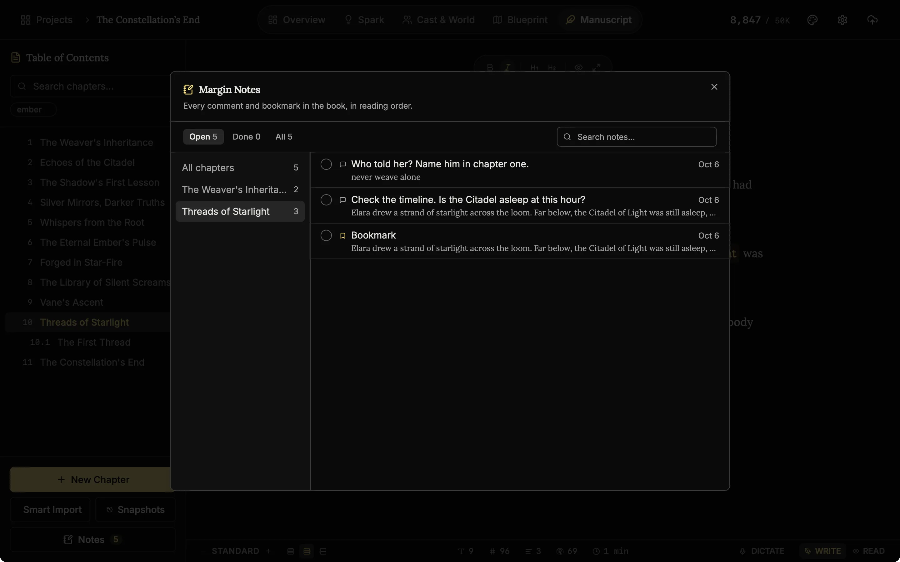 The Notes dialog with the chapter filter set to one chapter.
