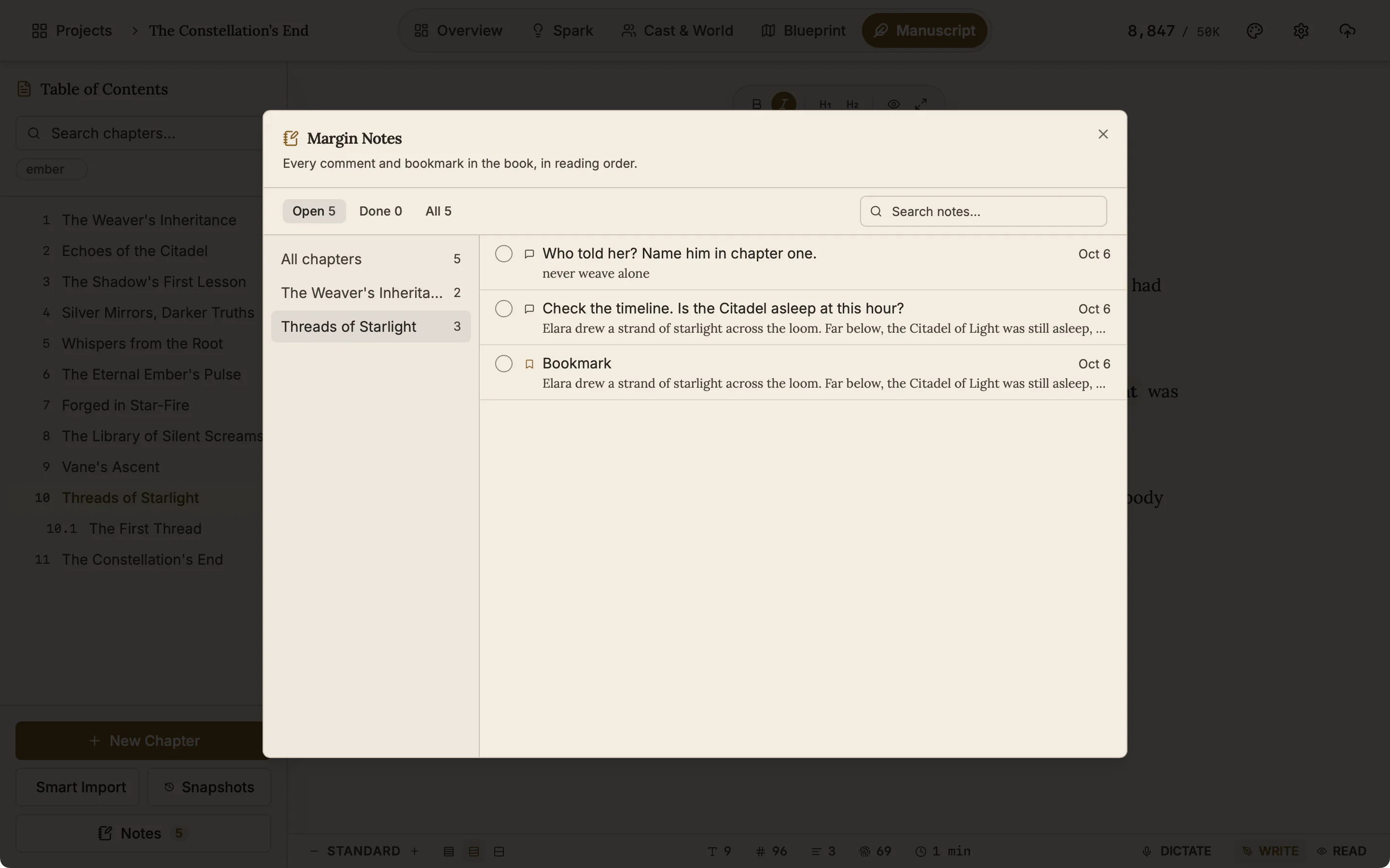 The Notes dialog with the chapter filter set to one chapter.