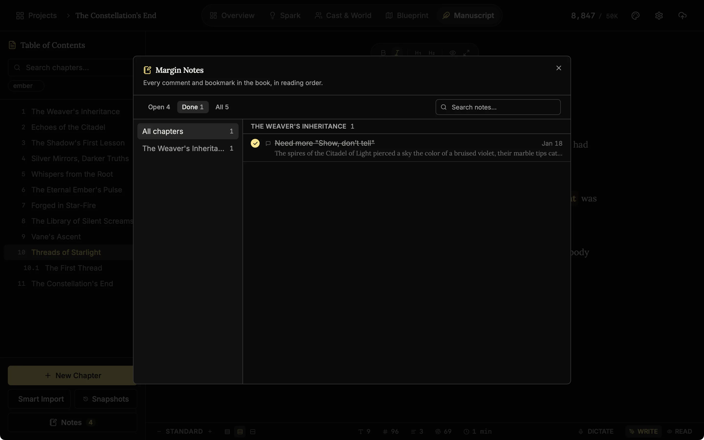 The Notes dialog with one note ticked as done.