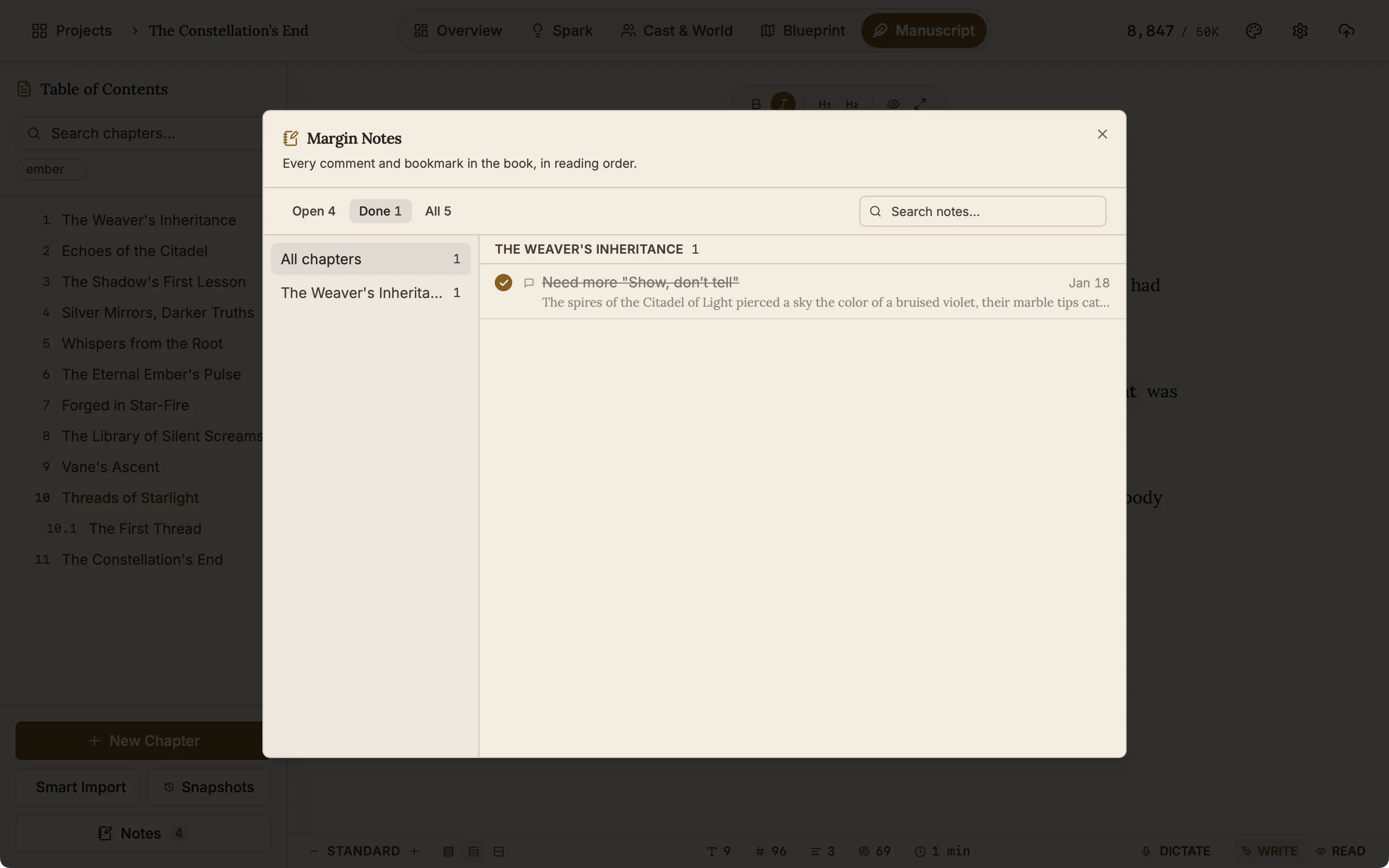 The Notes dialog with one note ticked as done.