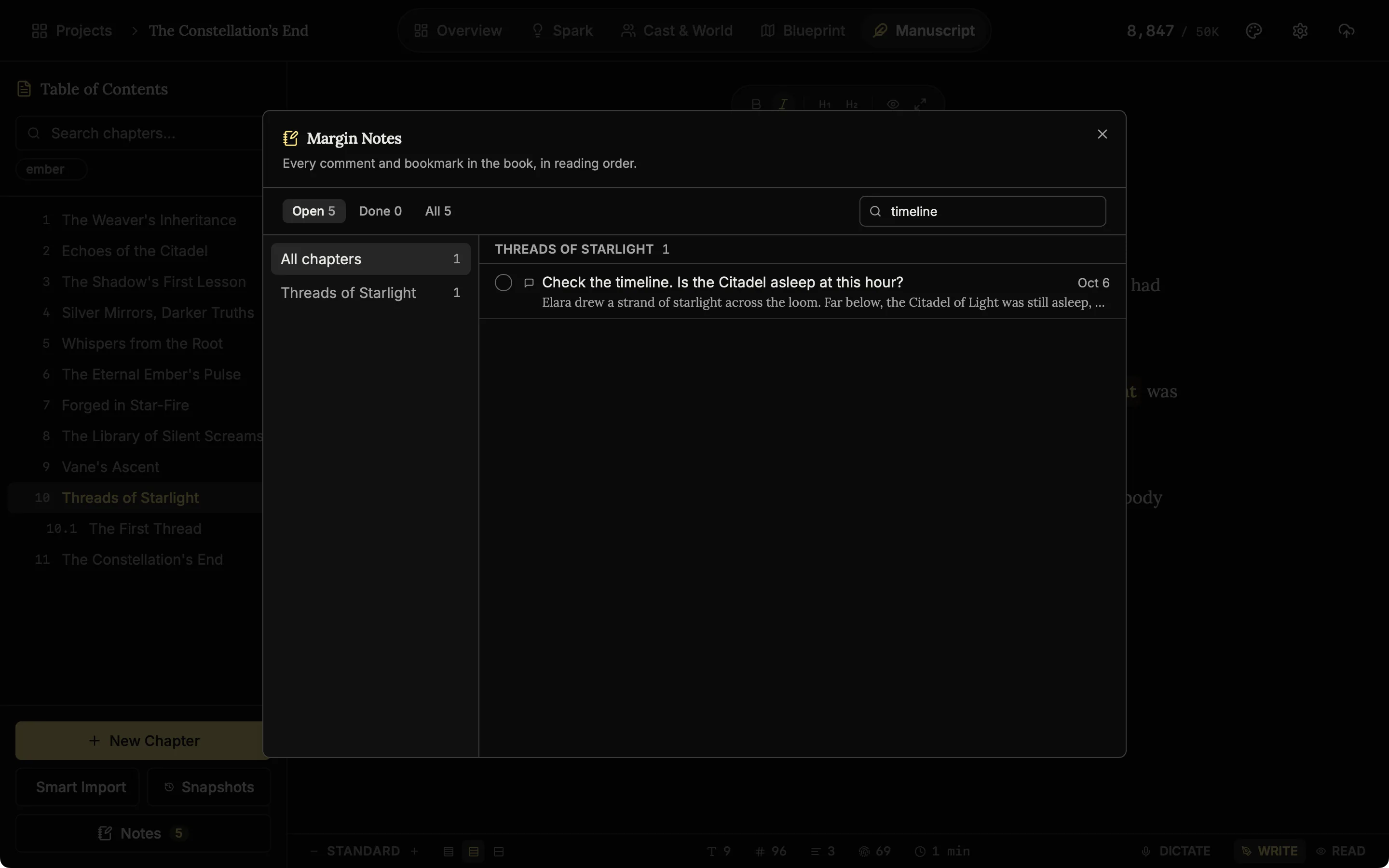 The Notes dialog with a word typed in the search box and the matching notes listed.